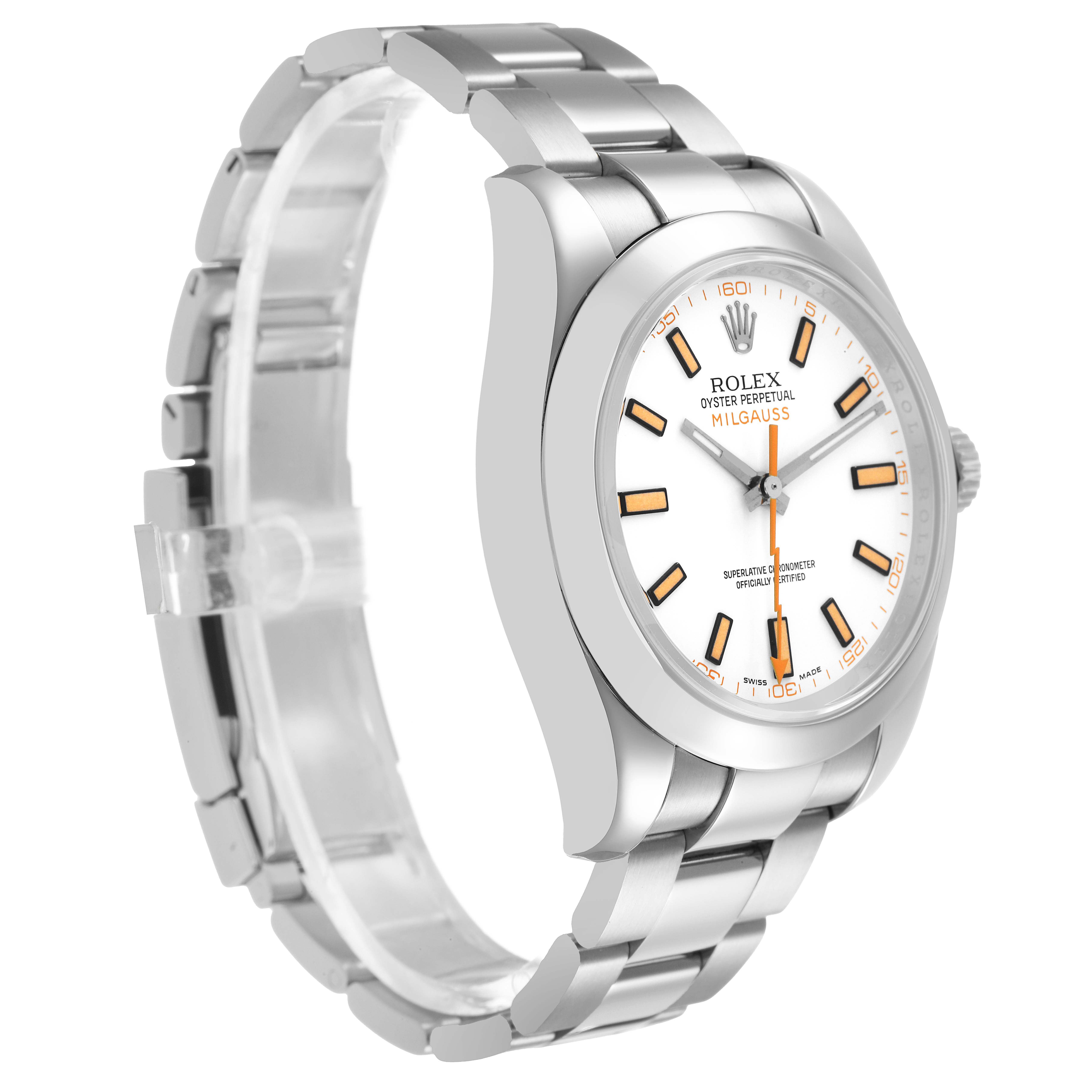 The Rolex Milgauss 116400 Men's Stainless Steel Yellow Dial watch is displayed at a three-quarter angle, showing the bracelet, case, and dial with an orange seconds hand.