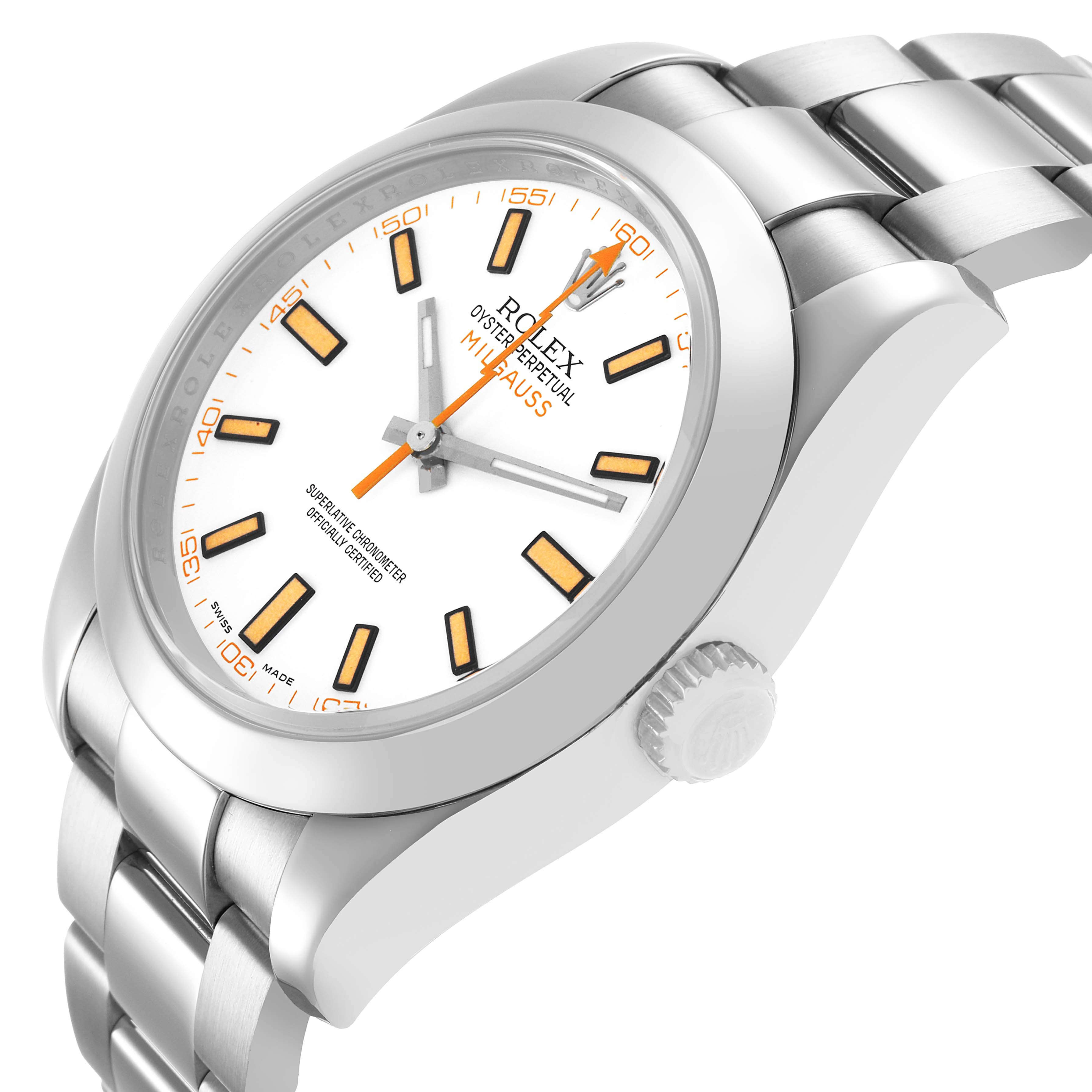 The Rolex Milgauss 116400 Men's Stainless Steel Yellow Dial watch is shown at a three-quarter angle, highlighting the bezel, crown, dial, and bracelet.