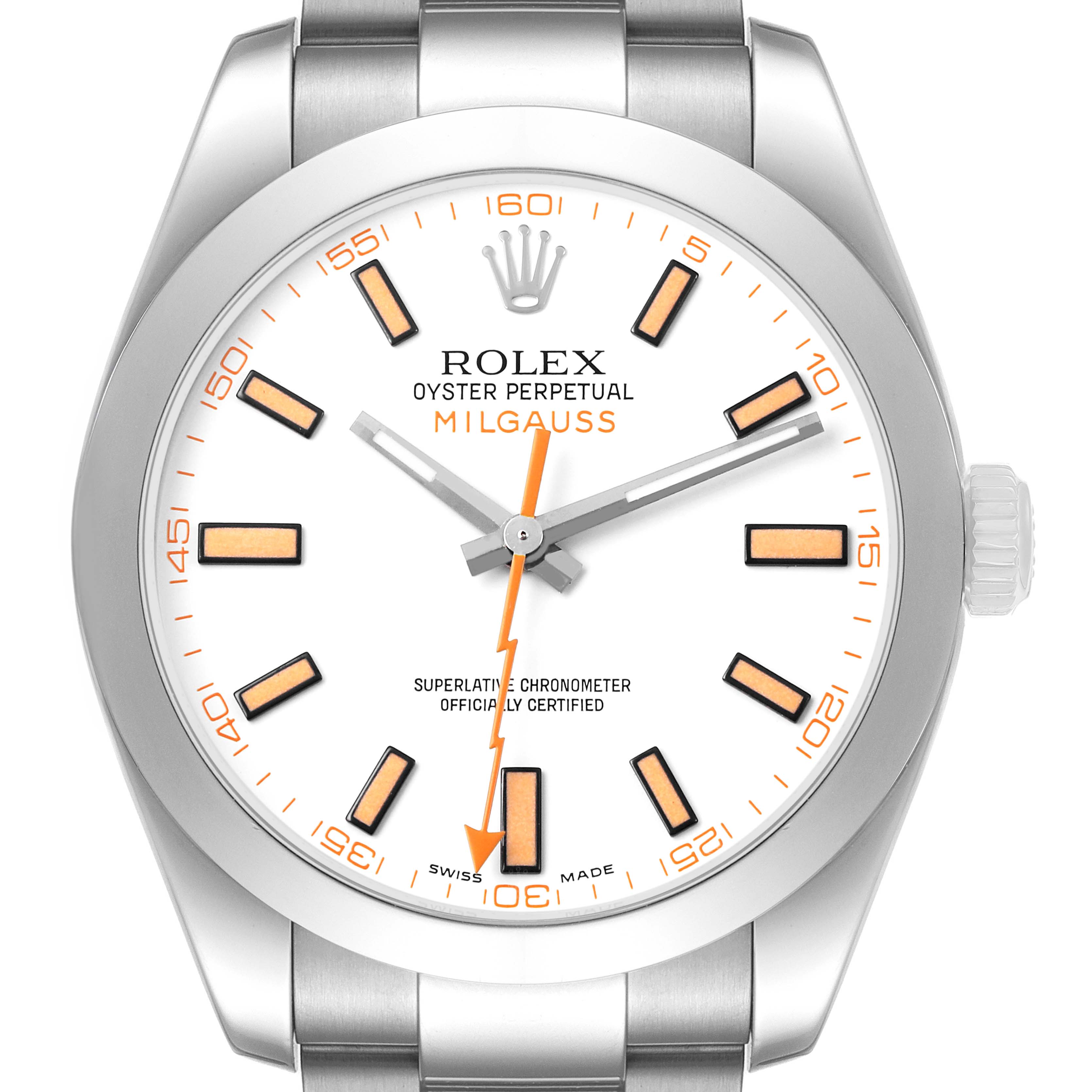 The Rolex Milgauss 116400 Men's Stainless Steel Yellow Dial watch is shown from the front, highlighting the face, hands, and bezel.