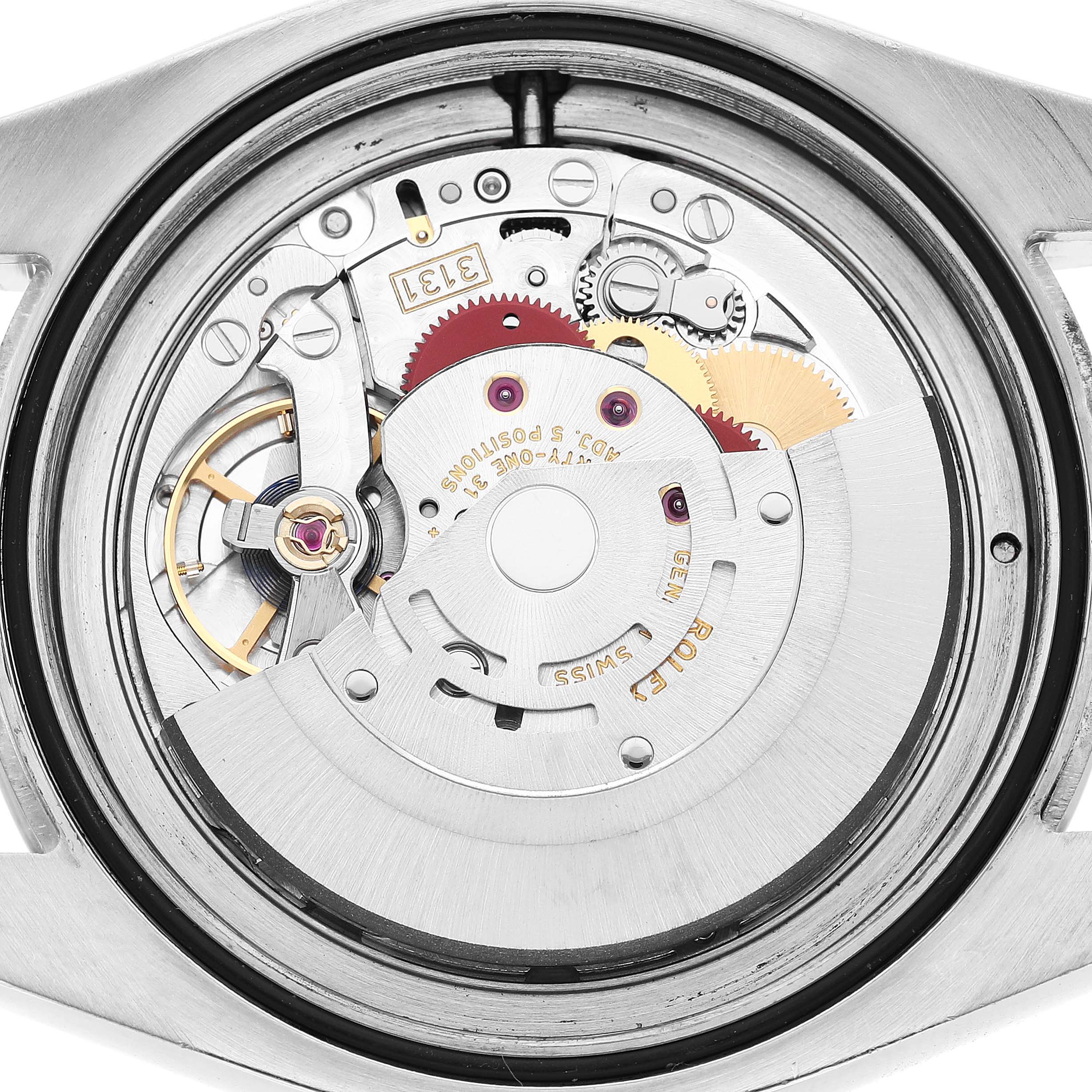 The image shows the movement and internal mechanism of the Rolex Milgauss 116400 Men's Stainless Steel Yellow Dial model from a back view angle.