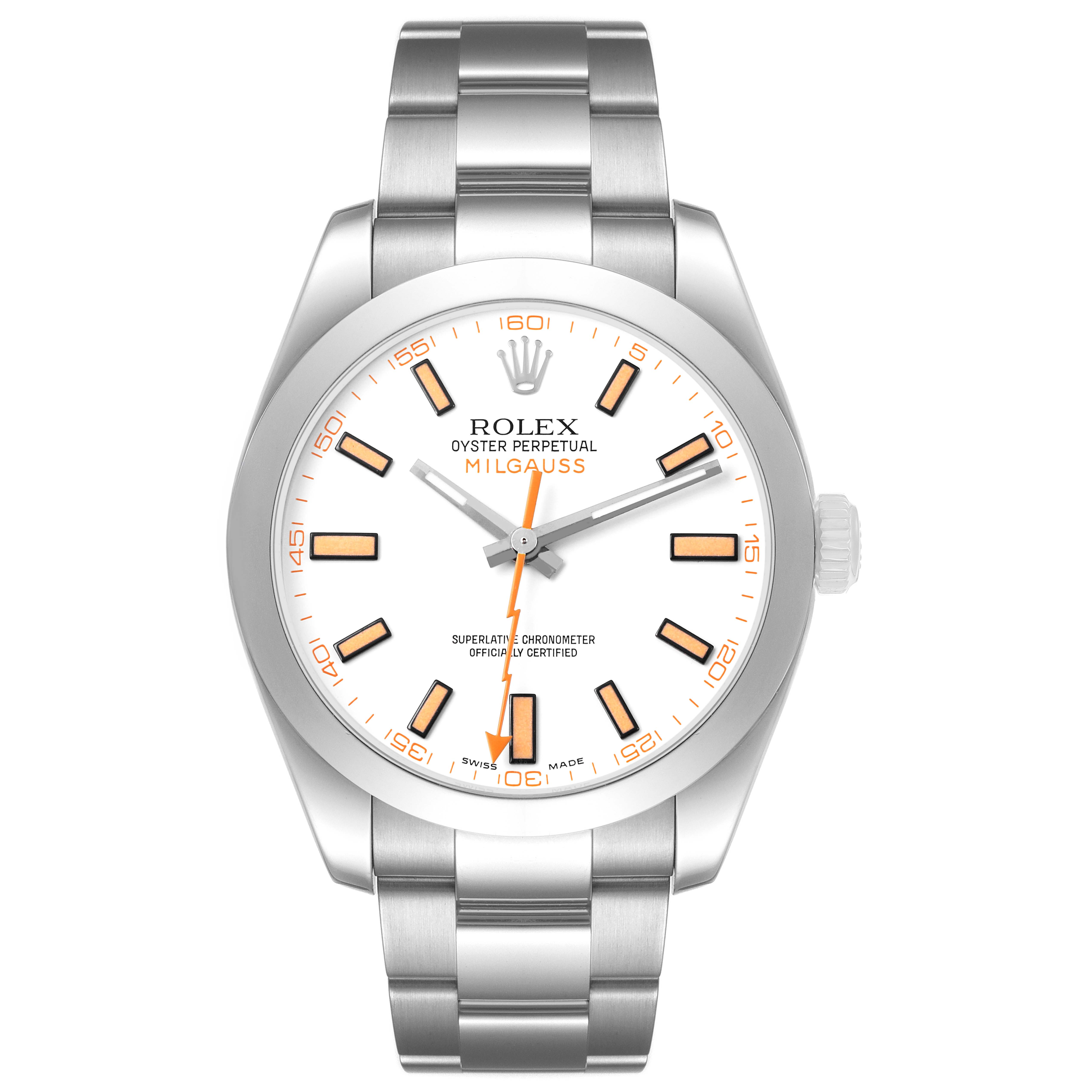 The Rolex Milgauss 116400 Men's Stainless Steel Yellow Dial watch is shown from a top-down angle, displaying the face, bezel, and bracelet.