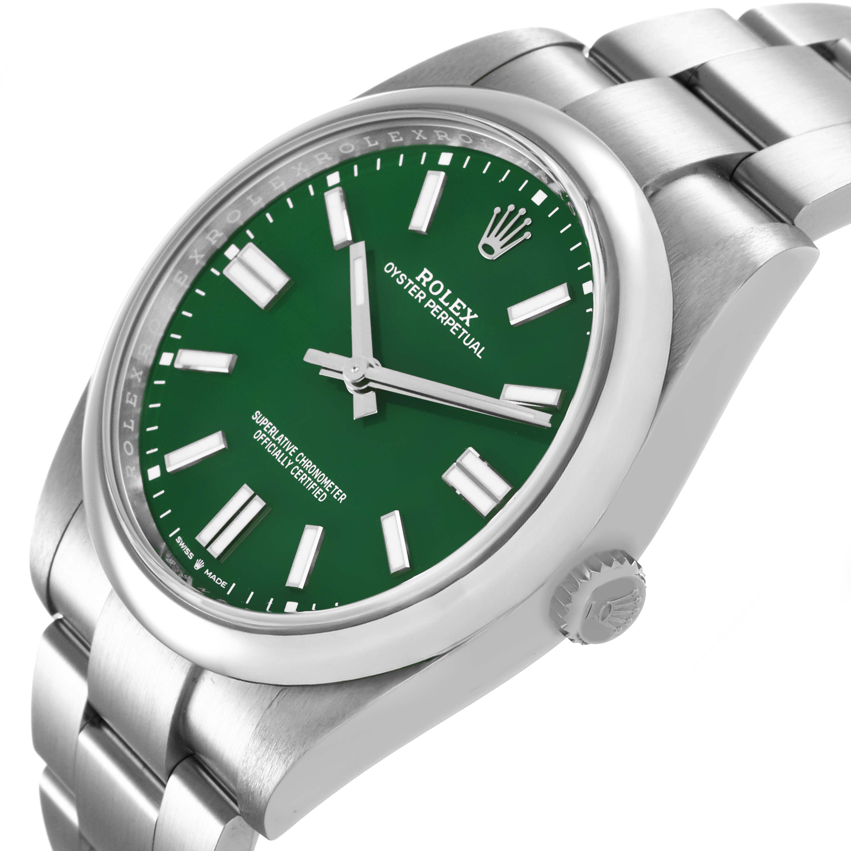 The image shows a Rolex Oyster Perpetual M124300-0005 Men's Stainless Steel Green Dial watch at a three-quarter angle, highlighting the face, bezel, crown, and bracelet.