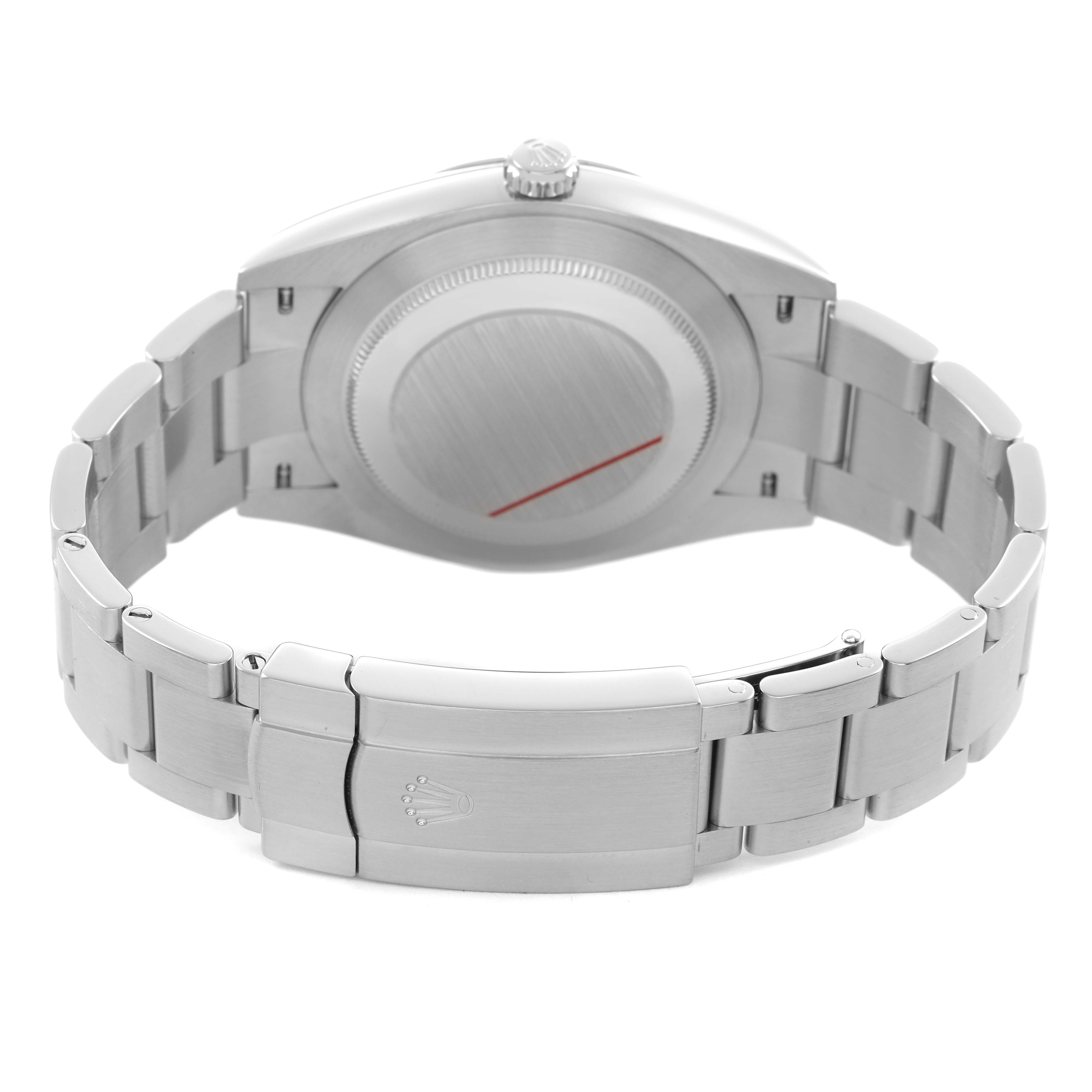 The image shows the back view of a Rolex Oyster Perpetual M124300-0005 Men's Stainless Steel Green Dial watch, displaying the clasp and bracelet.