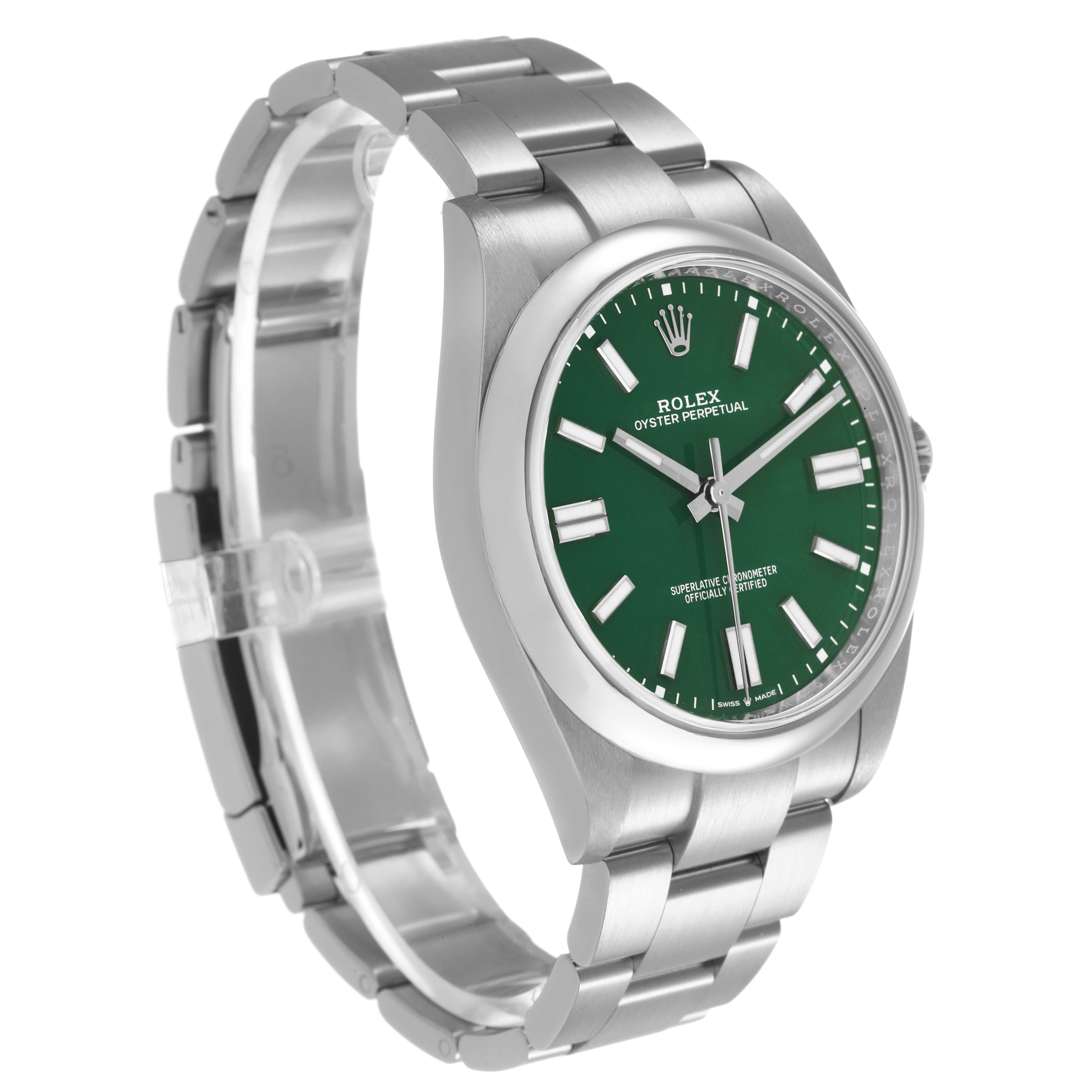 The image shows a Rolex Oyster Perpetual M124300-0005 Men's Stainless Steel Green Dial watch from a front left angle, displaying the green dial, case, and part of the bracelet.