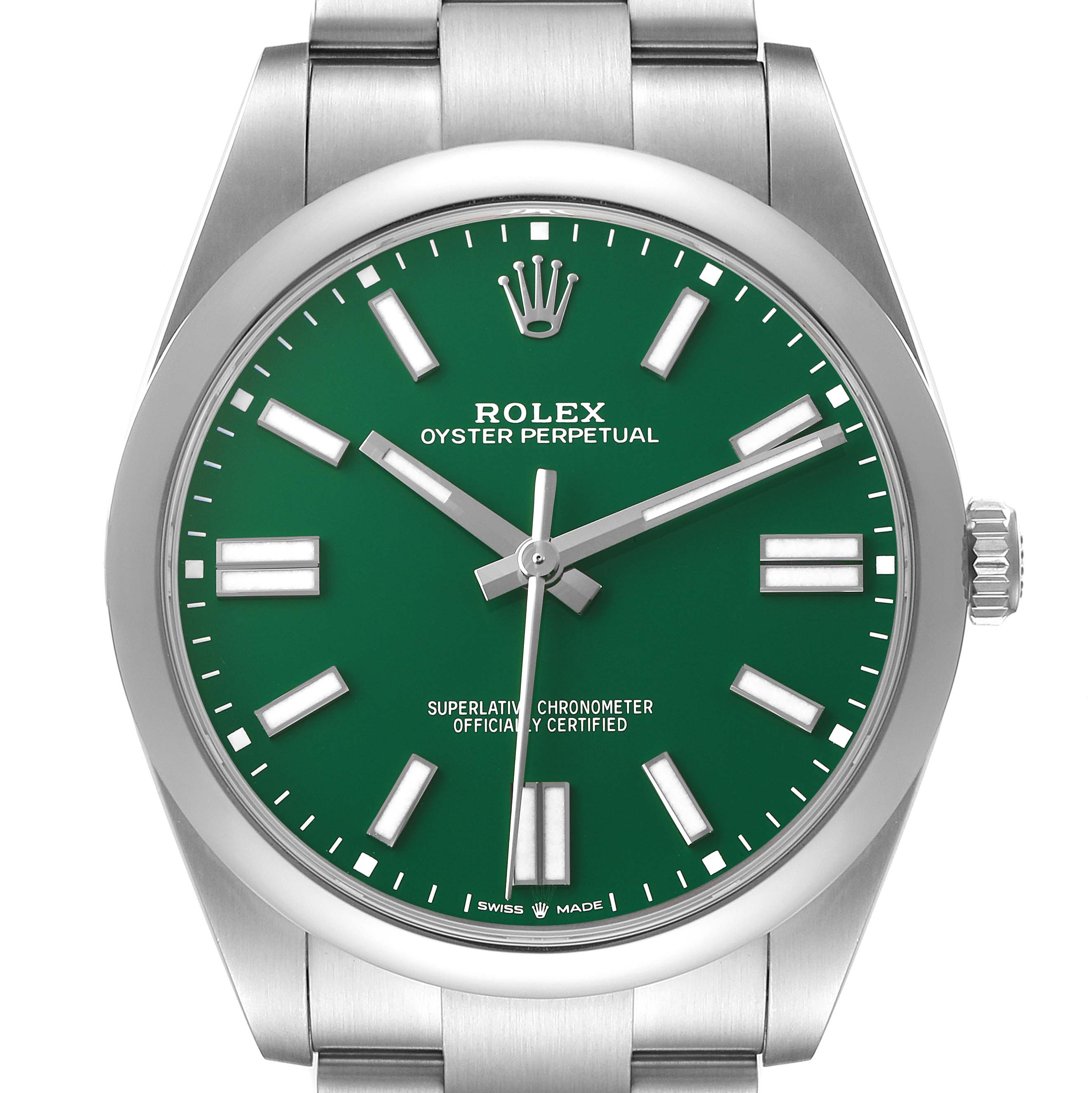 The Rolex Oyster Perpetual M124300-0005 Men's Stainless Steel Green Dial watch is shown from the front, highlighting its green dial, markers, hands, and stainless steel case and bracelet.