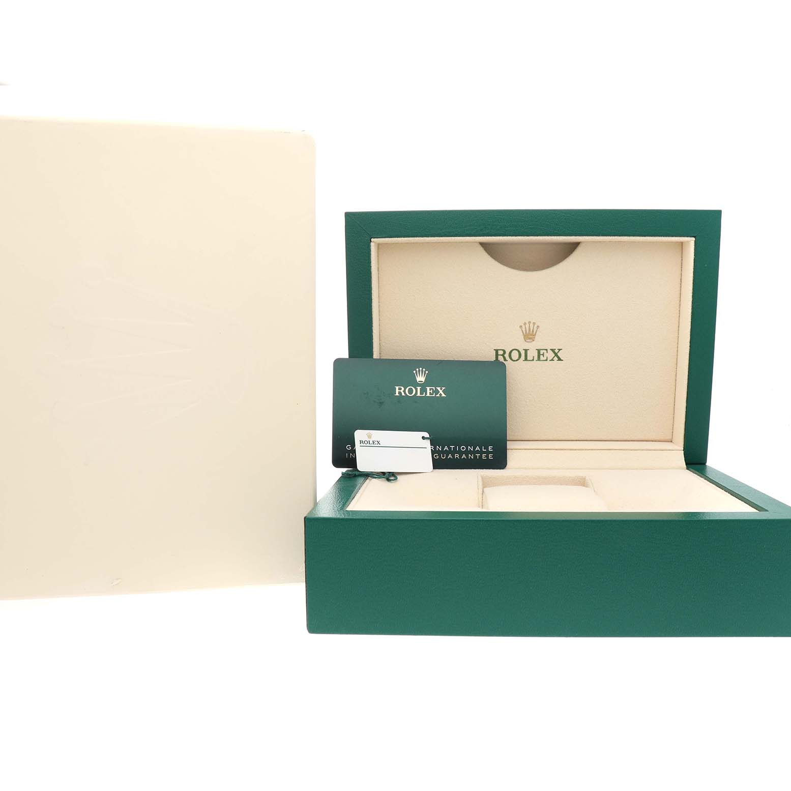 The image shows a Rolex Oyster Perpetual M124300-0005 Men's Stainless Steel Green Dial watch box open with a guarantee card and hang tag displayed.