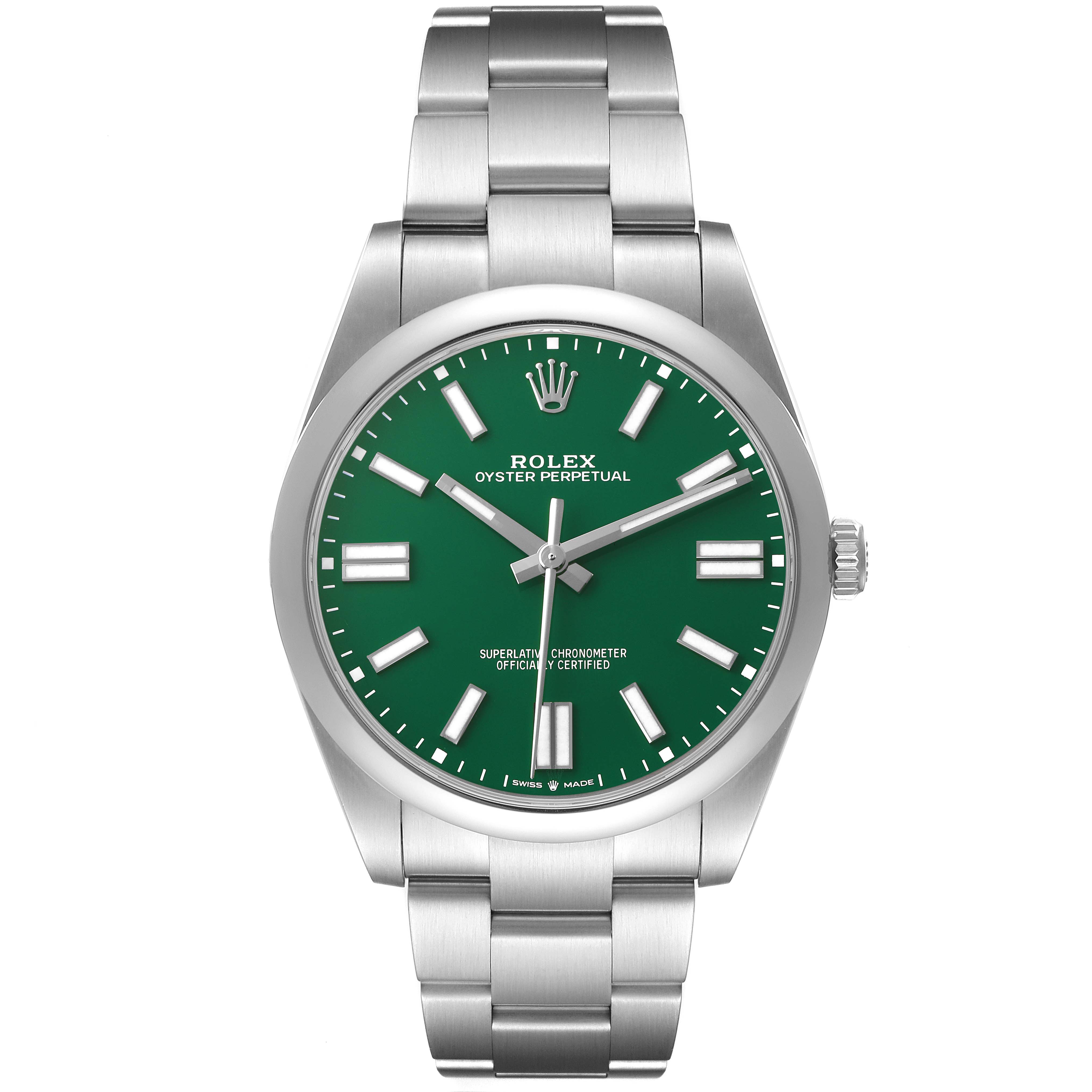 The Rolex Oyster Perpetual M124300-0005 Men's Stainless Steel Green Dial watch is shown from a front angle, displaying the face, bezel, and bracelet.