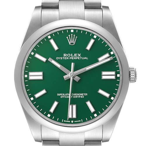 The Rolex Oyster Perpetual M124300-0005 Men's Stainless Steel Green Dial watch is shown from the front, highlighting the green dial, hands, indices, and part of the bracelet.
