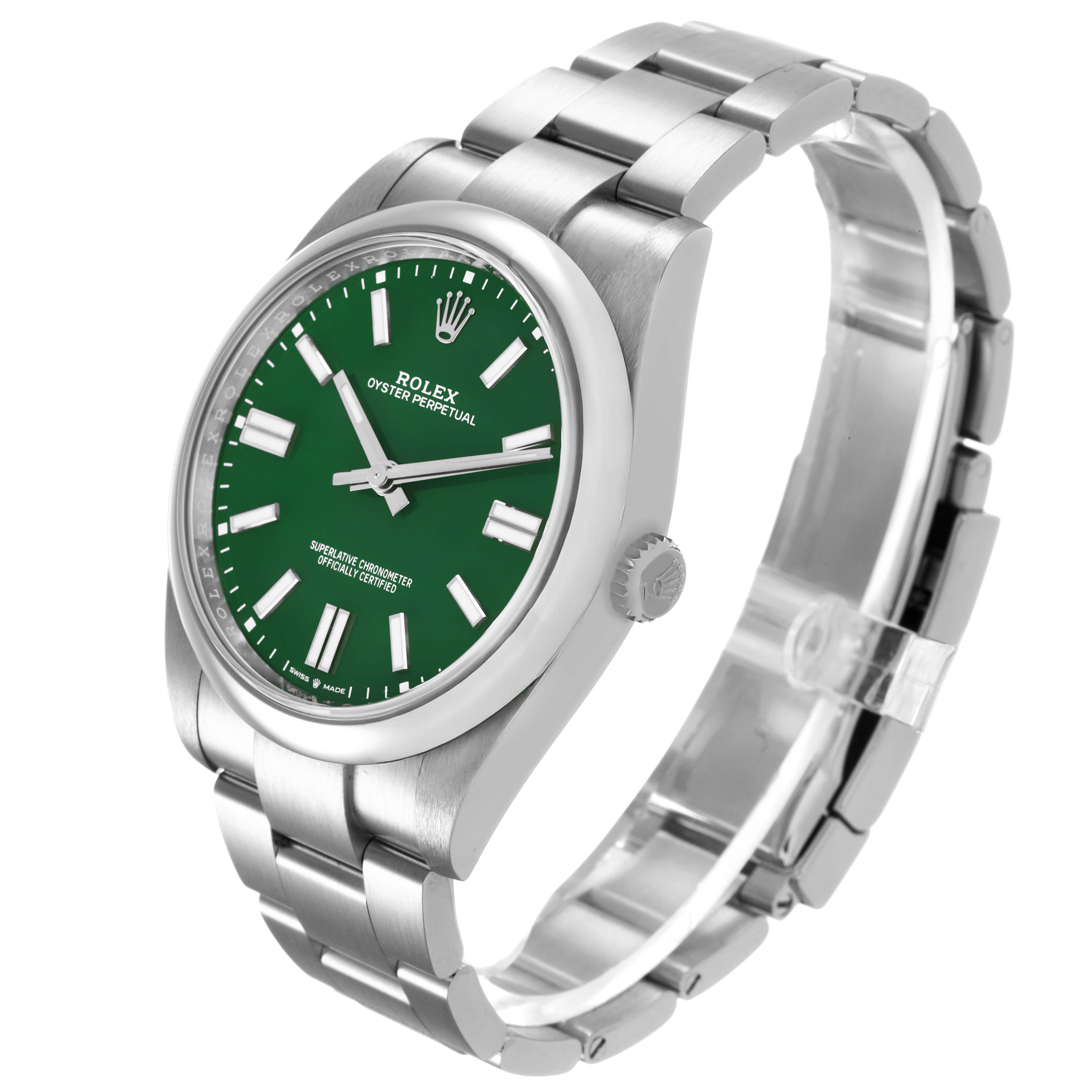 The Rolex Oyster Perpetual M124300-0005 Men's Stainless Steel Green Dial watch is shown at a three-quarter angle, highlighting the dial, bezel, crown, and bracelet.