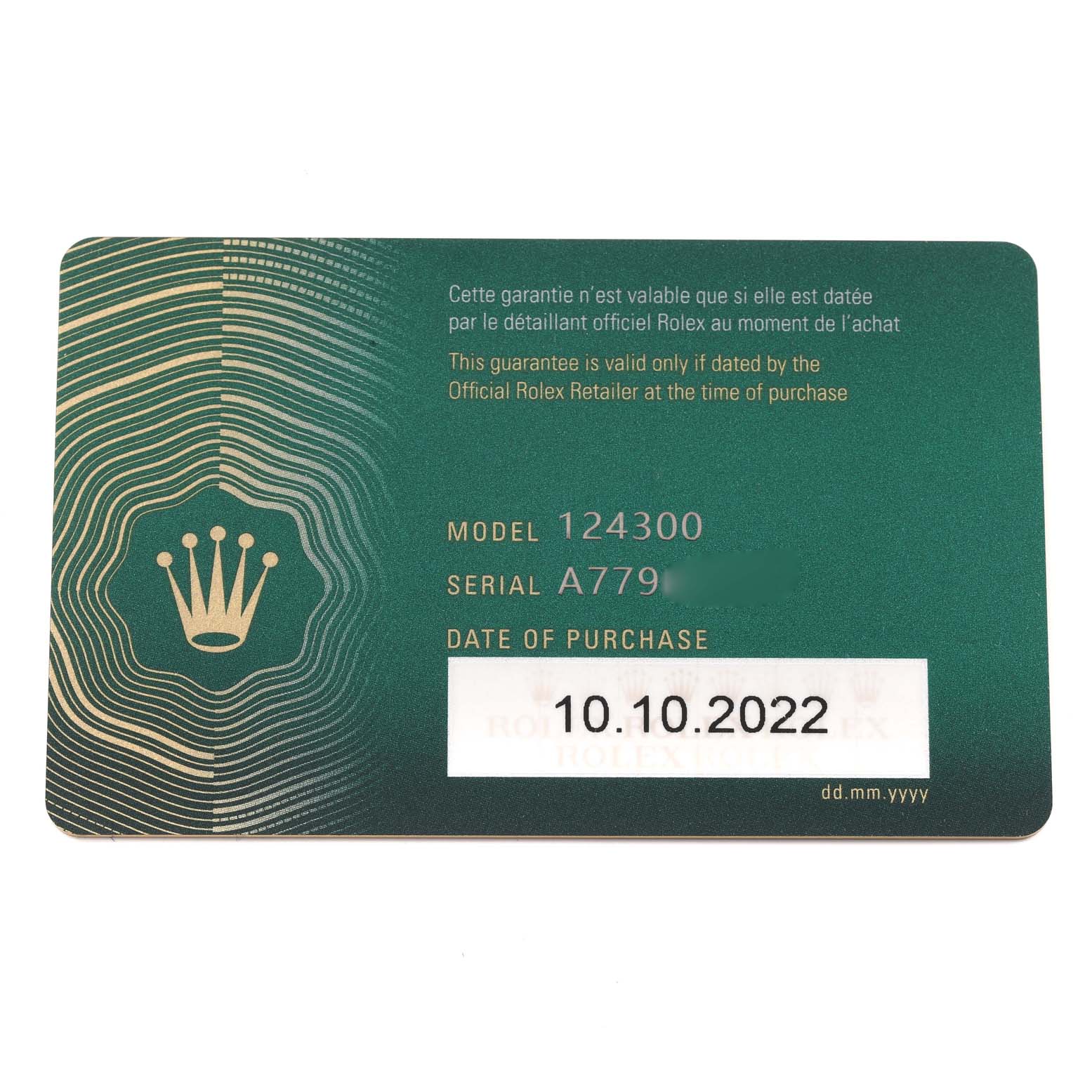 This image shows a warranty card for the Rolex Oyster Perpetual 124300 Men's Stainless Steel Black Dial 124300 Men's Stainless Steel Black Dial model 124300, detailing the serial number and purchase date.