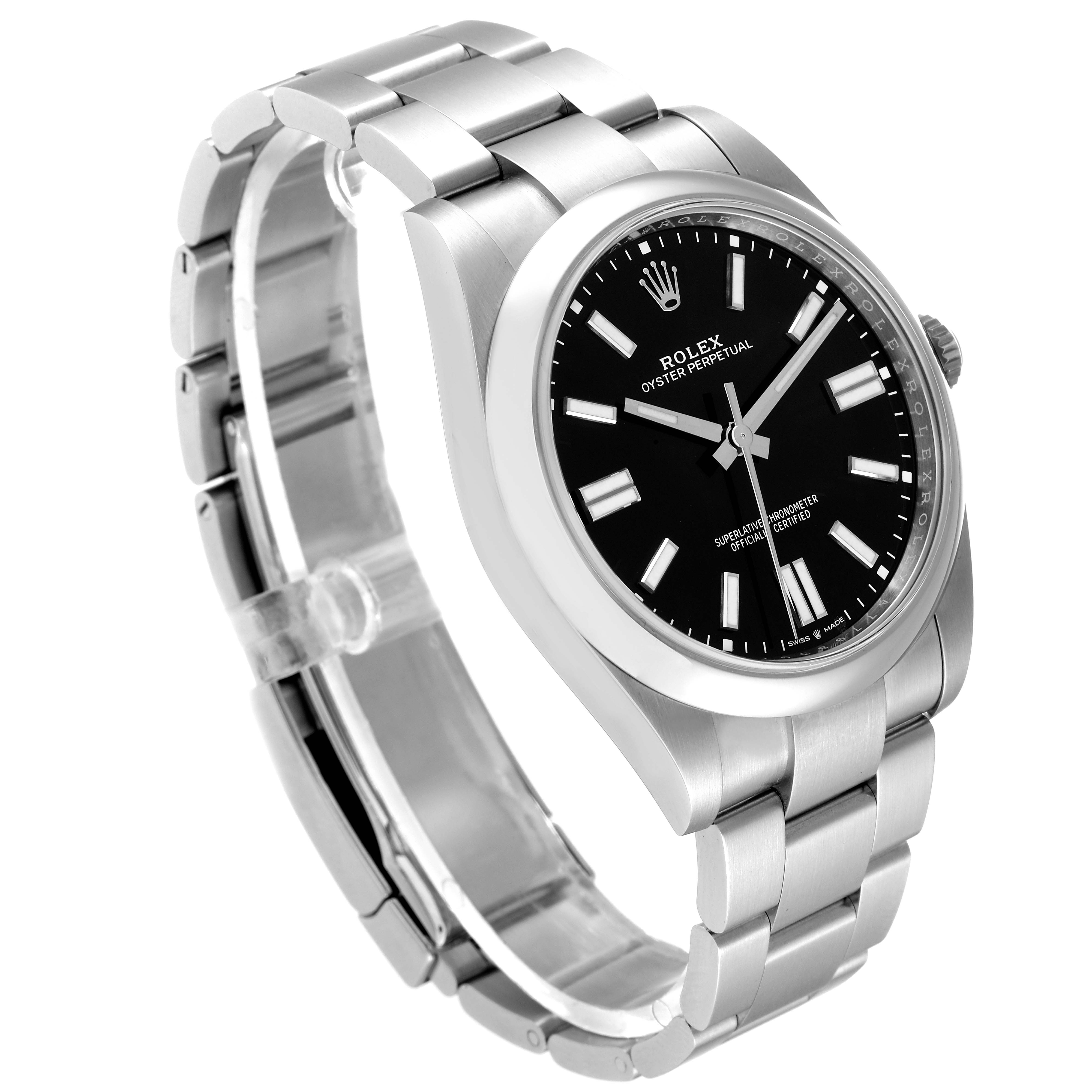 This image shows a side-angled view of the Rolex Oyster Perpetual 124300 Men's Stainless Steel Black Dial 124300 Men's Stainless Steel Black Dial watch, highlighting its face, bezel, and bracelet.