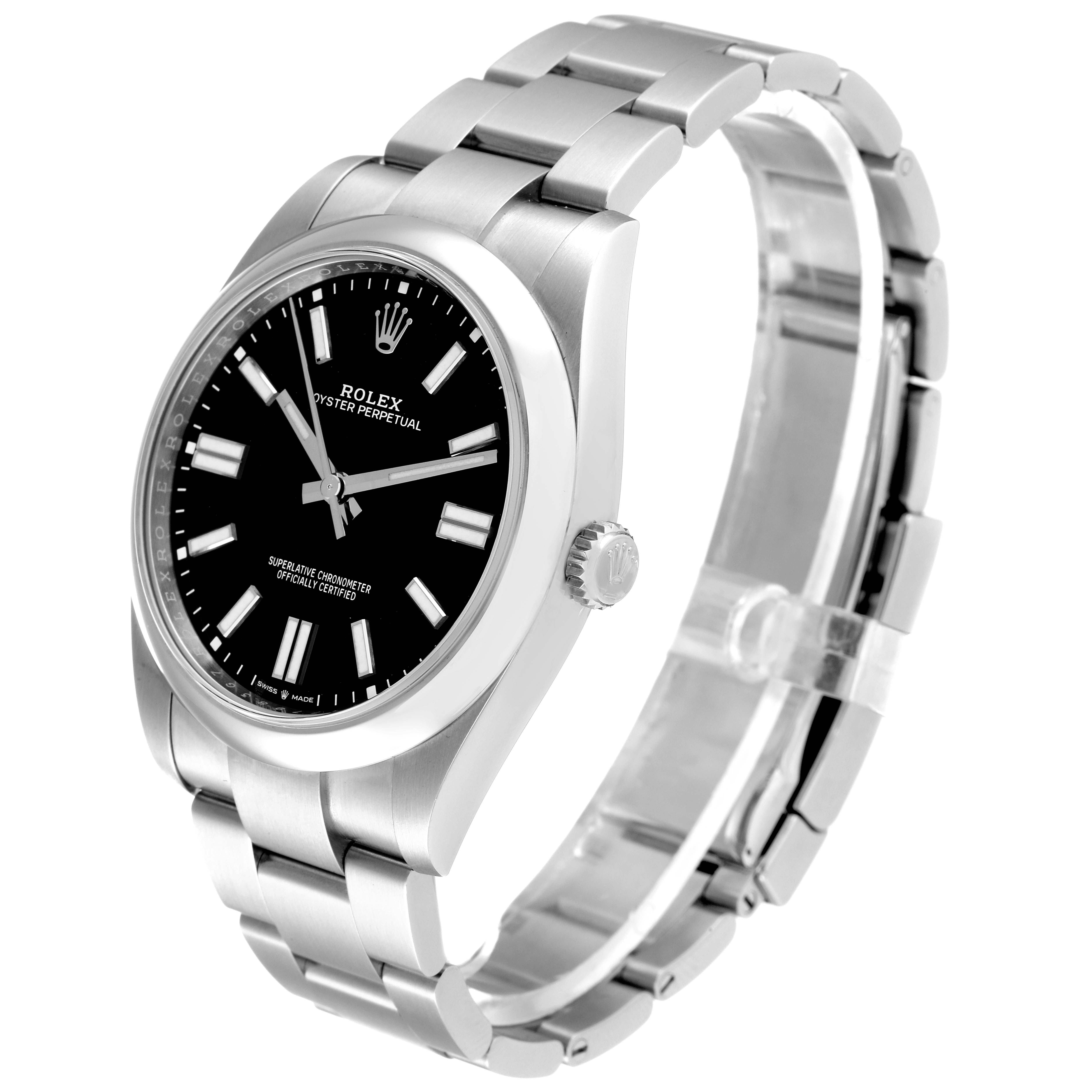This Rolex Oyster Perpetual 124300 Men's Stainless Steel Black Dial 124300 Men's Stainless Steel Black Dial watch is shown at a three-quarter angle, featuring the face, bezel, crown, and bracelet.