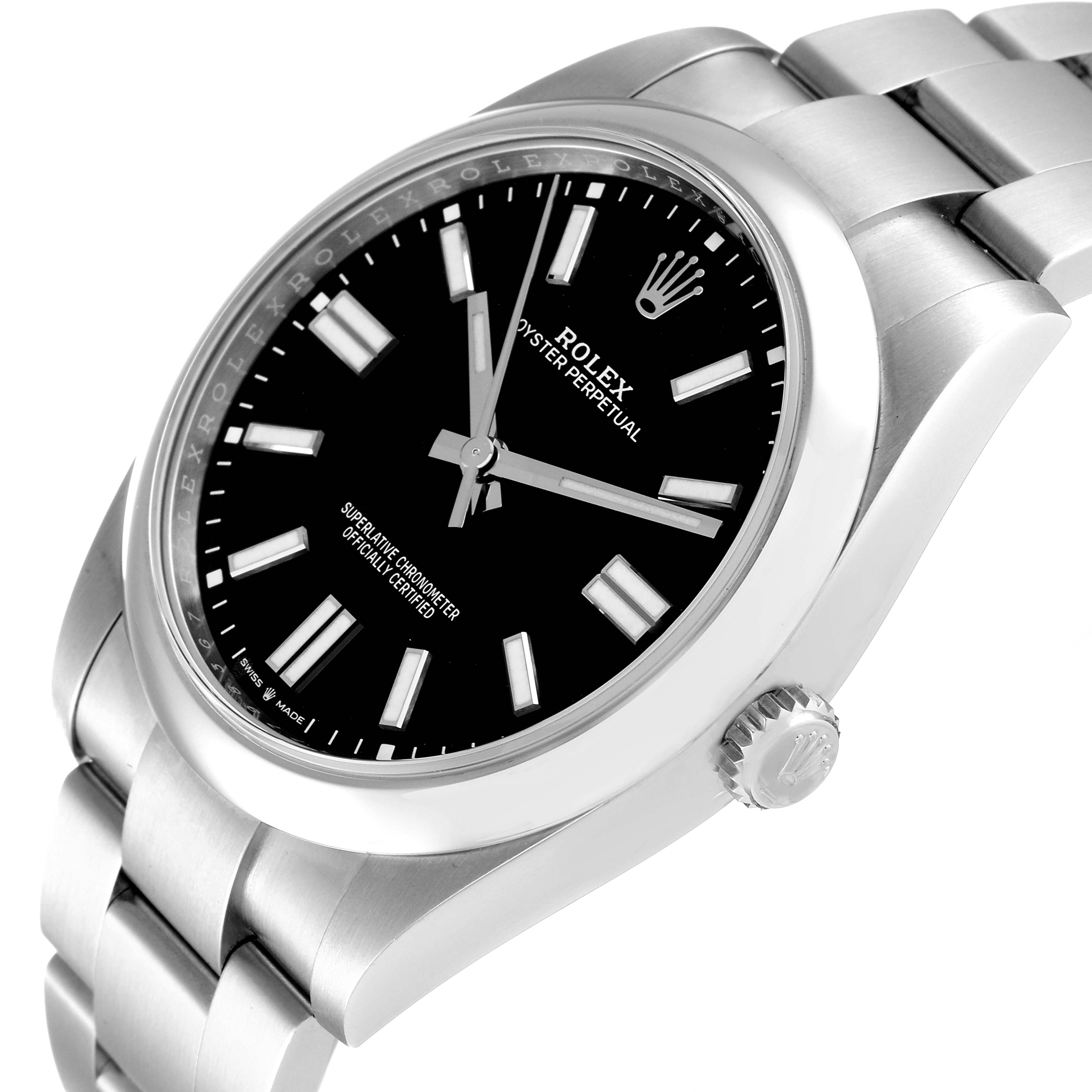 This image shows a Rolex Oyster Perpetual 124300 Men's Stainless Steel Black Dial 124300 Men's Stainless Steel Black Dial watch at an angled close-up, displaying its bezel, dial, crown, and part of the bracelet.
