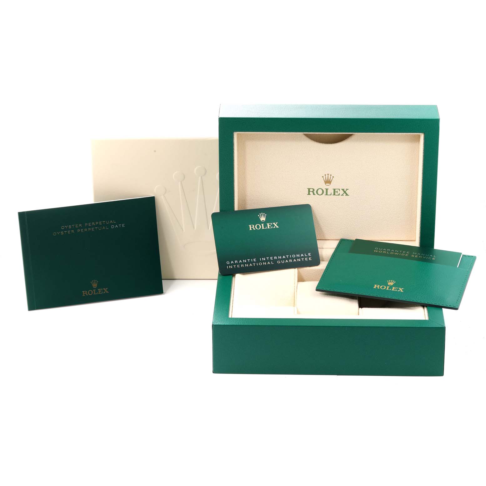 The image shows the packaging, warranty card, and booklets of a Rolex Oyster Perpetual 124300 Men's Stainless Steel Black Dial 124300 Men's Stainless Steel Black Dial watch from a front angle.