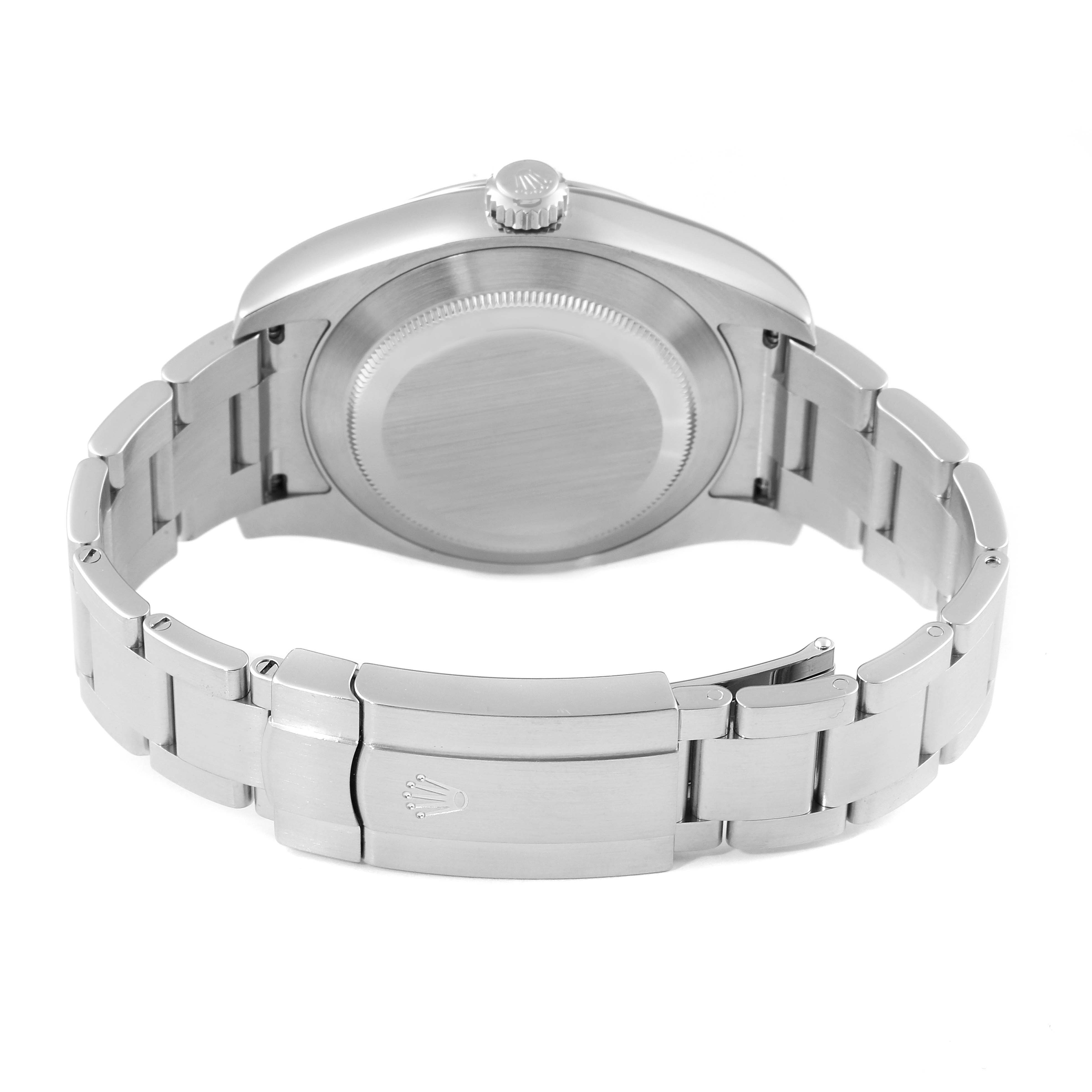 The image shows the back view of a Rolex Air-King 116900 Men's Stainless Steel Black Dial 116900 Men's Stainless Steel Black Dial watch, highlighting its case back, crown, and metal bracelet with the Rolex clasp.