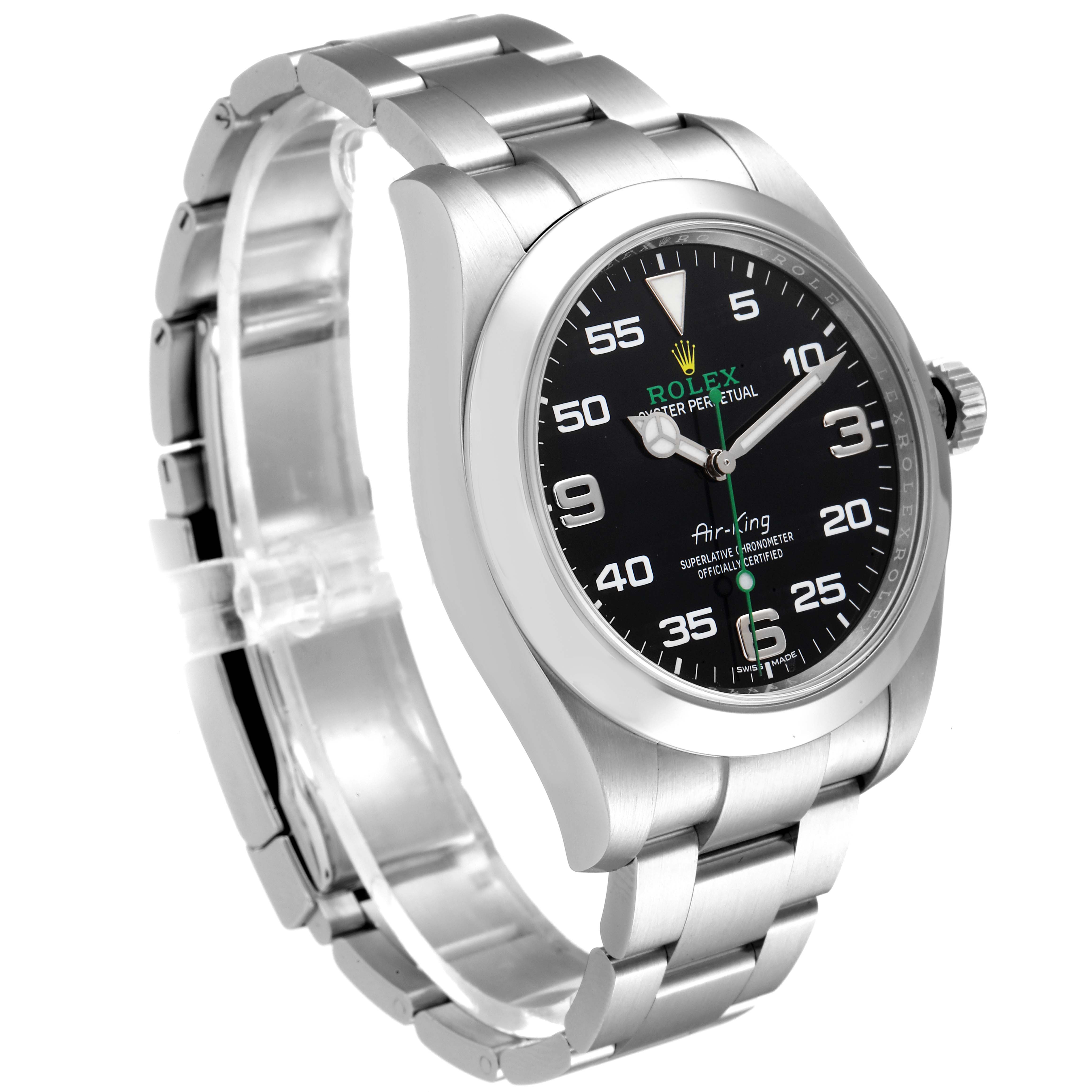 The image shows a Rolex Air-King 116900 Men's Stainless Steel Black Dial 116900 Men's Stainless Steel Black Dial watch at a slight angle, highlighting the face, case, and part of the bracelet.