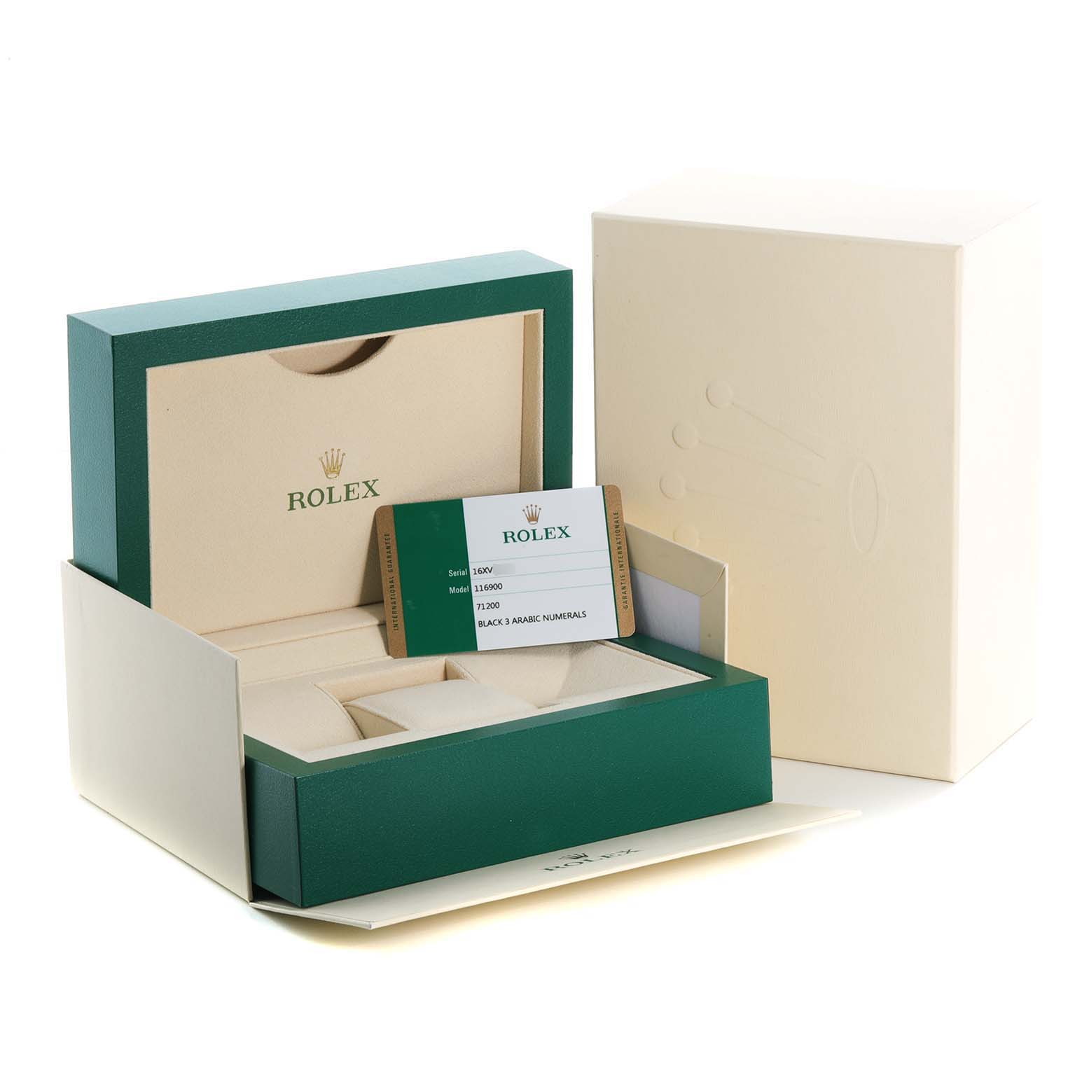 This image shows the packaging and authenticity card of the Rolex Air-King 116900 Men's Stainless Steel Black Dial 116900 Men's Stainless Steel Black Dial watch, including the inner box and outer sleeve.