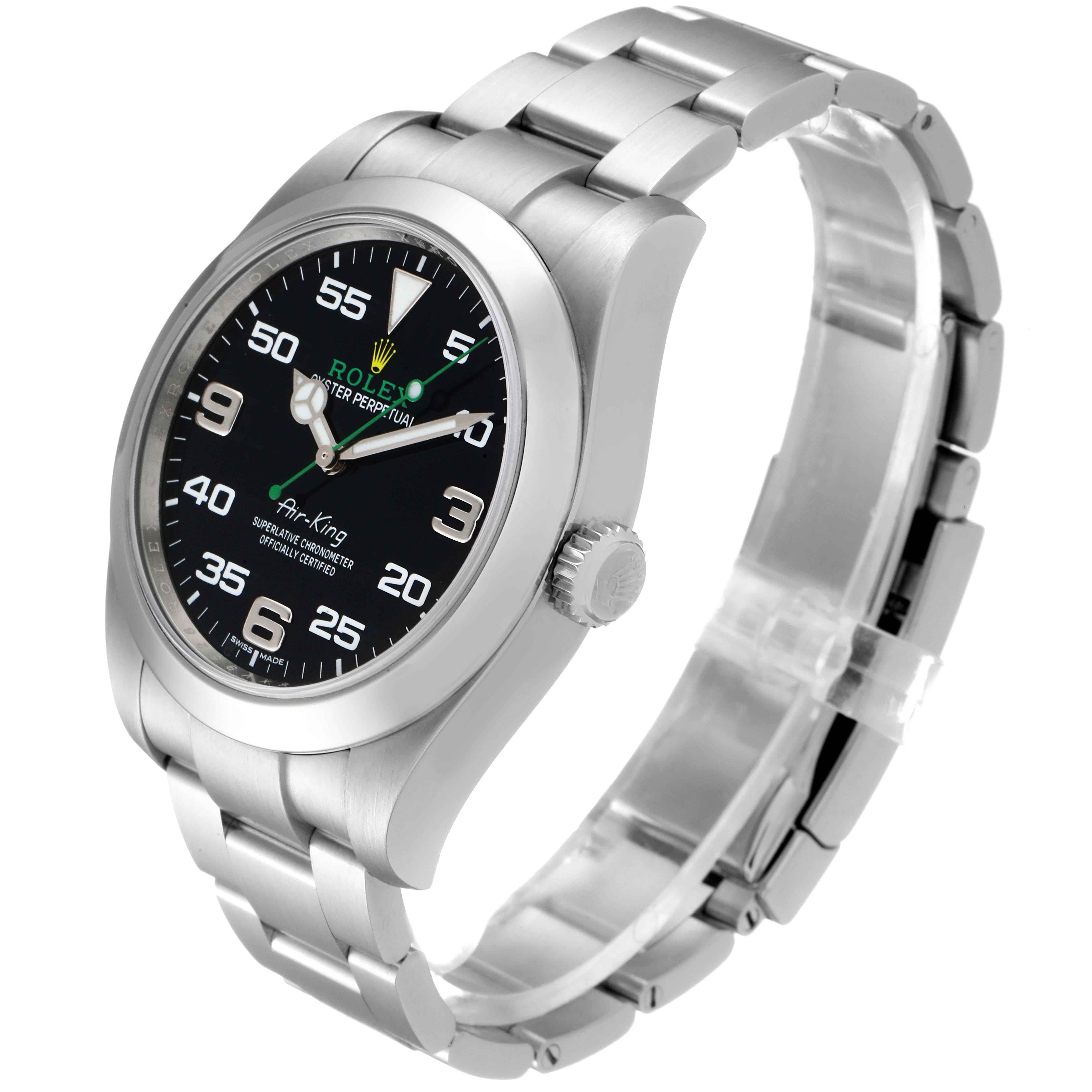 The image shows a Rolex Air-King 116900 Men's Stainless Steel Black Dial 116900 Men's Stainless Steel Black Dial watch angled to display the face, bezel, crown, and bracelet.