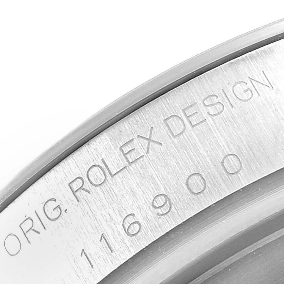 This image shows a close-up of the engraved case back of the Rolex Air-King 116900 Men's Stainless Steel Black Dial 116900 Men's Stainless Steel Black Dial model, highlighting its design markings and model number.
