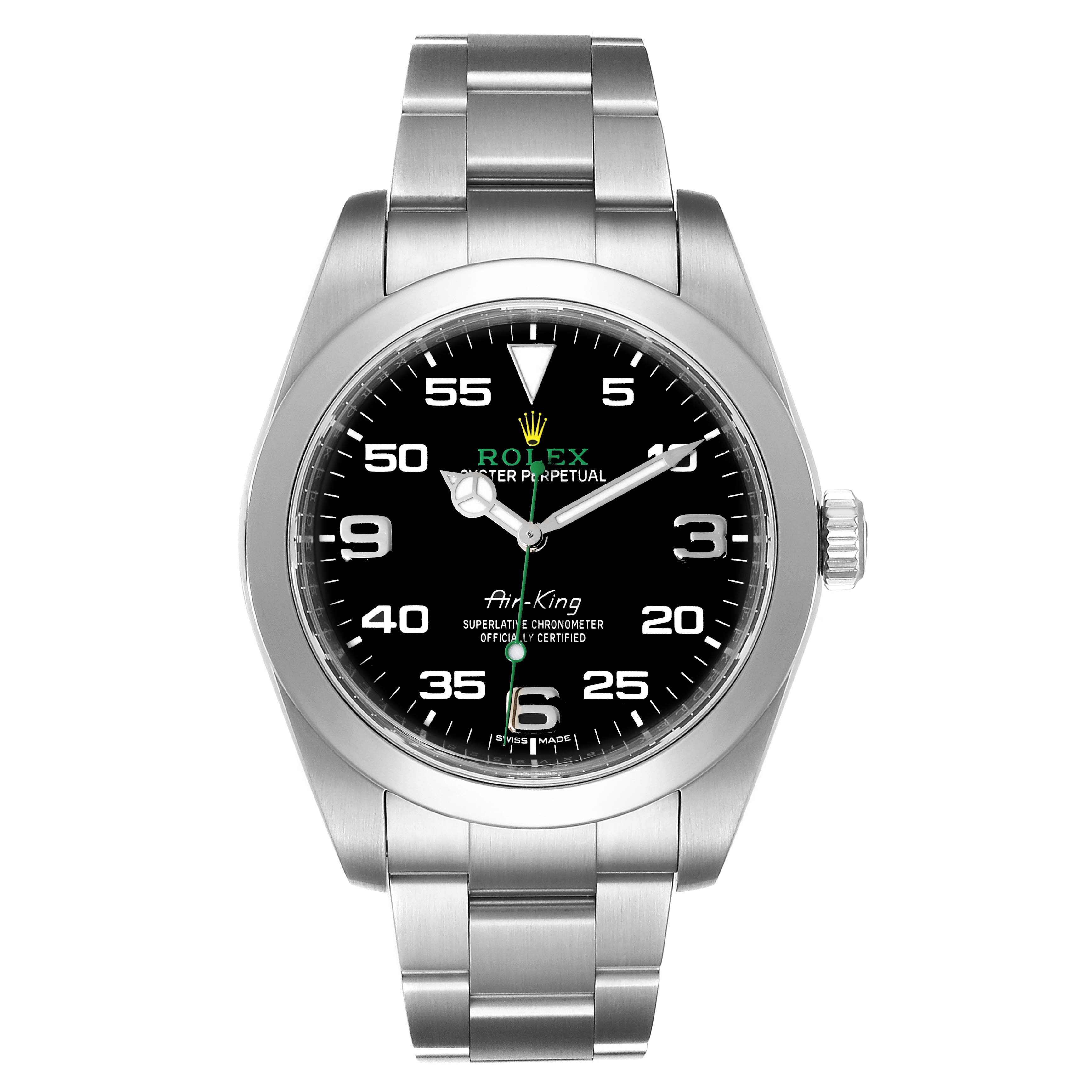 The image shows a front view of a Rolex Air-King 116900 Men's Stainless Steel Black Dial 116900 Men's Stainless Steel Black Dial watch, displaying its dial, bracelet, and crown.