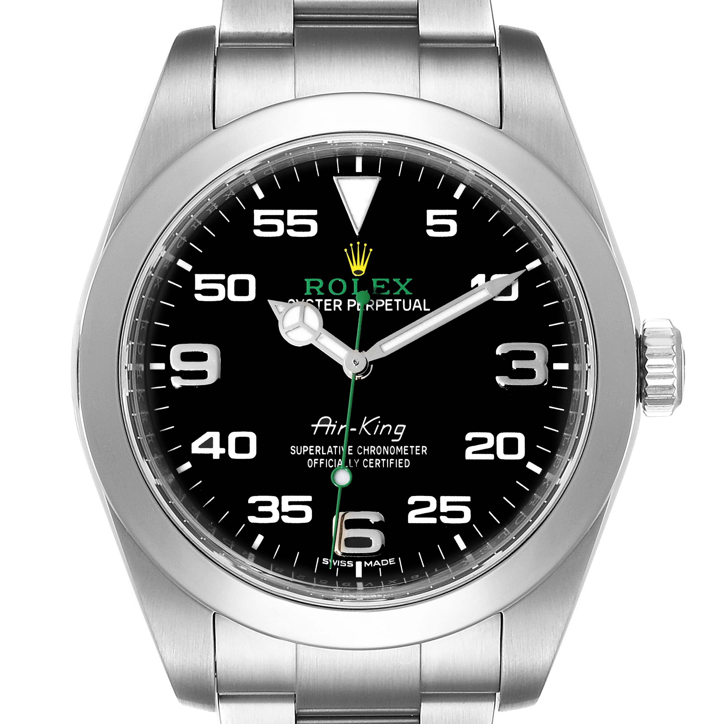 This image shows a front view of the Rolex Air-King 116900 Men's Stainless Steel Black Dial 116900 Men's Stainless Steel Black Dial watch, highlighting its black dial, silver indices, and stainless steel bracelet.