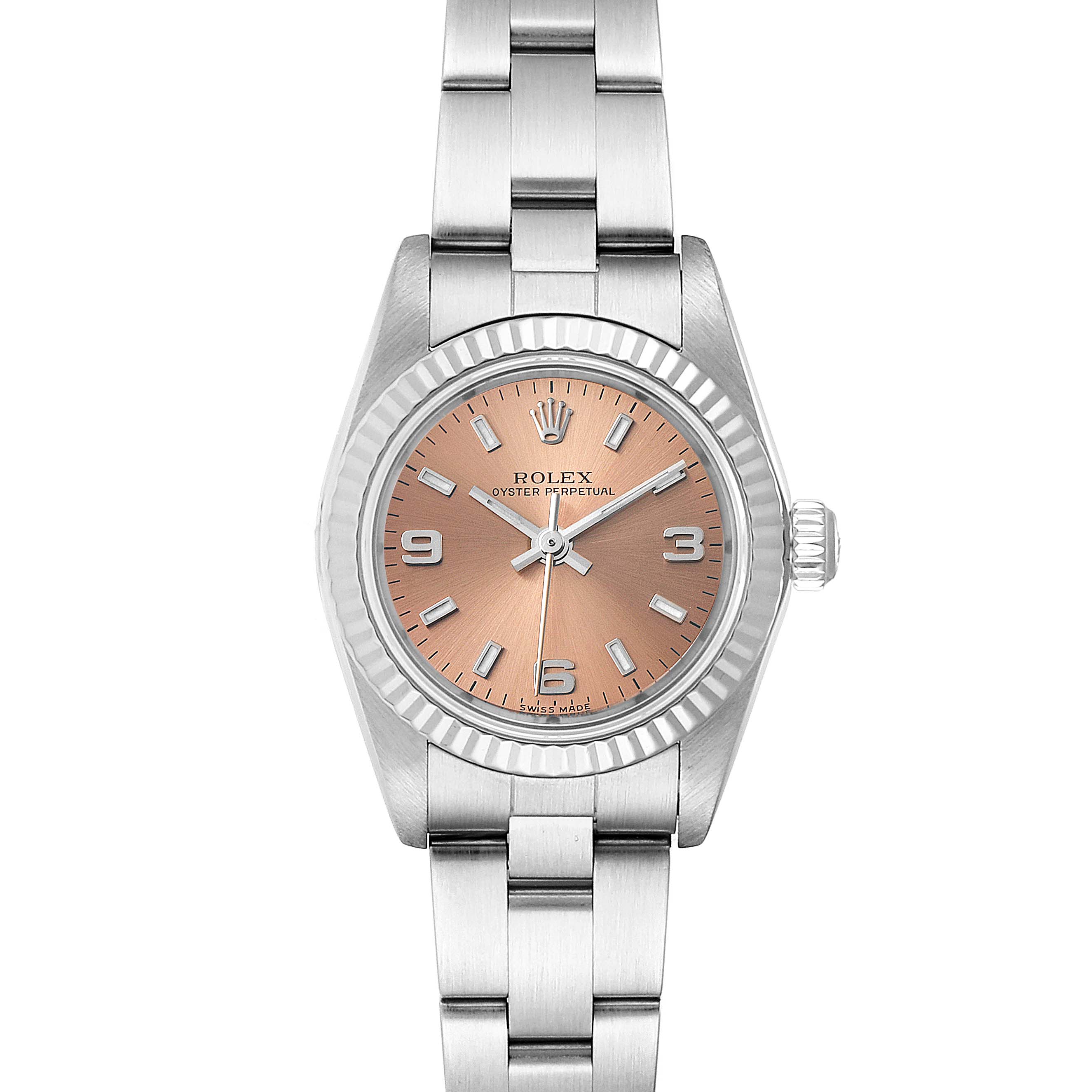 This image shows a front view of the Rolex Oyster Perpetual 76094 Women's Stainless Steel Pink Dial 76094 Women's Stainless Steel Pink Dial watch, highlighting its dial, bezel, and bracelet.