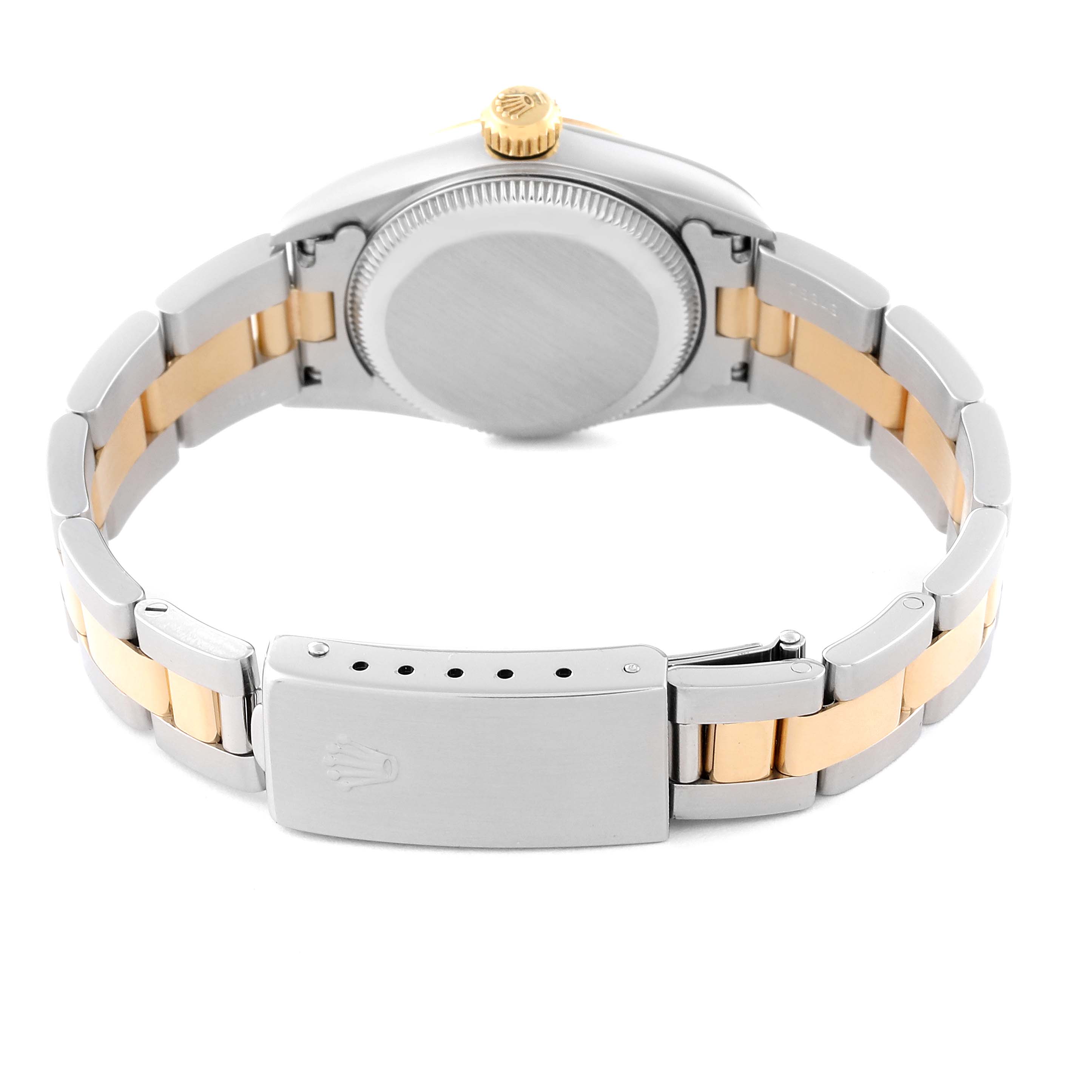 The image shows the back view of the Rolex Oyster Perpetual 67183 Women's Steel and Gold (two tone) Grey Dial 67183 Women's Steel and Gold (two tone) Grey Dial watch, highlighting the clasp and bracelet.