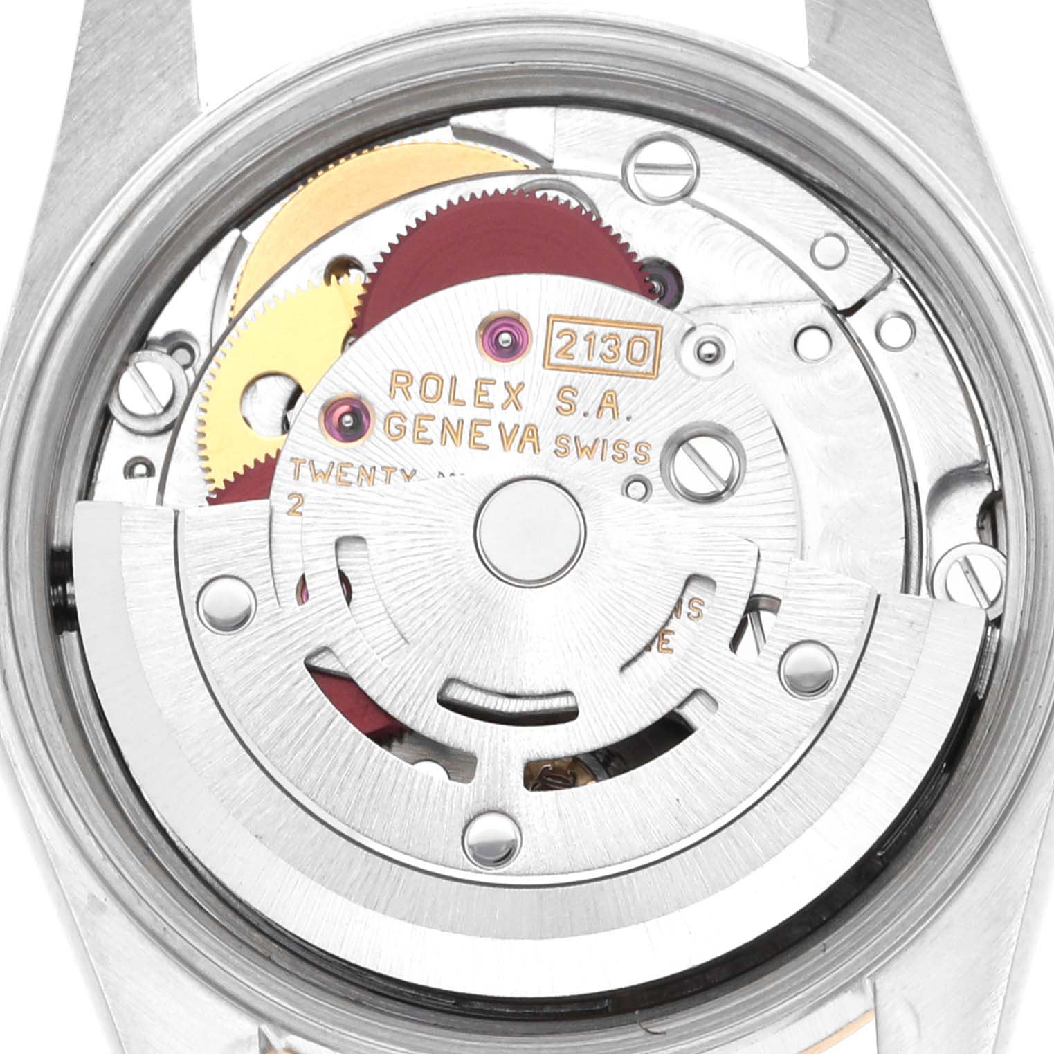 The image shows the movement mechanism of a Rolex Oyster Perpetual 67183 Women's Steel and Gold (two tone) Grey Dial 67183 Women's Steel and Gold (two tone) Grey Dial watch from a back view angle.
