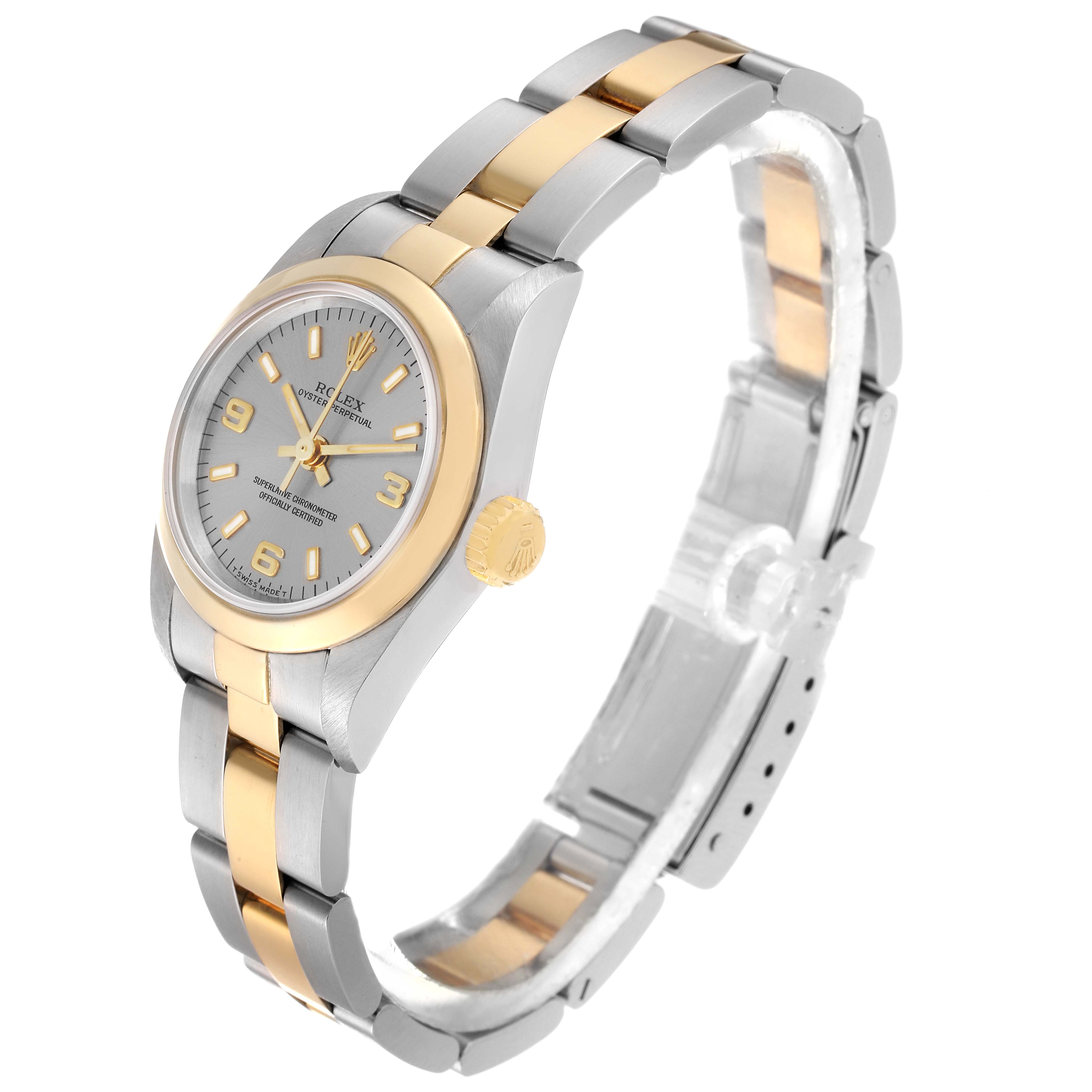 The image shows a side view of a Rolex Oyster Perpetual 67183 Women's Steel and Gold (two tone) Grey Dial 67183 Women's Steel and Gold (two tone) Grey Dial watch, highlighting the two-tone bracelet, dial, and crown.