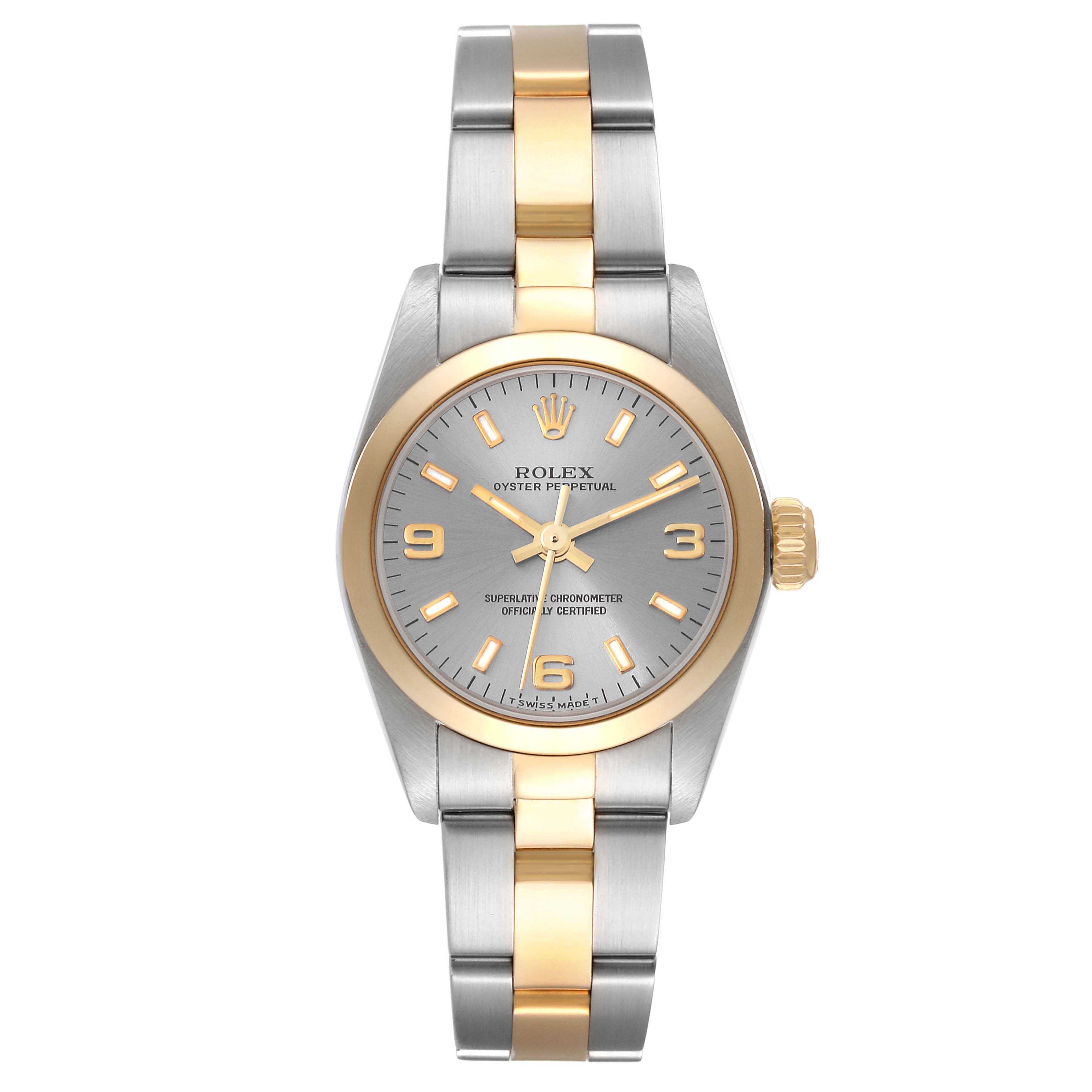 The image shows a front view of the Rolex Oyster Perpetual 67183 Women's Steel and Gold (two tone) Grey Dial 67183 Women's Steel and Gold (two tone) Grey Dial watch featuring a two-tone bracelet and a gray dial.