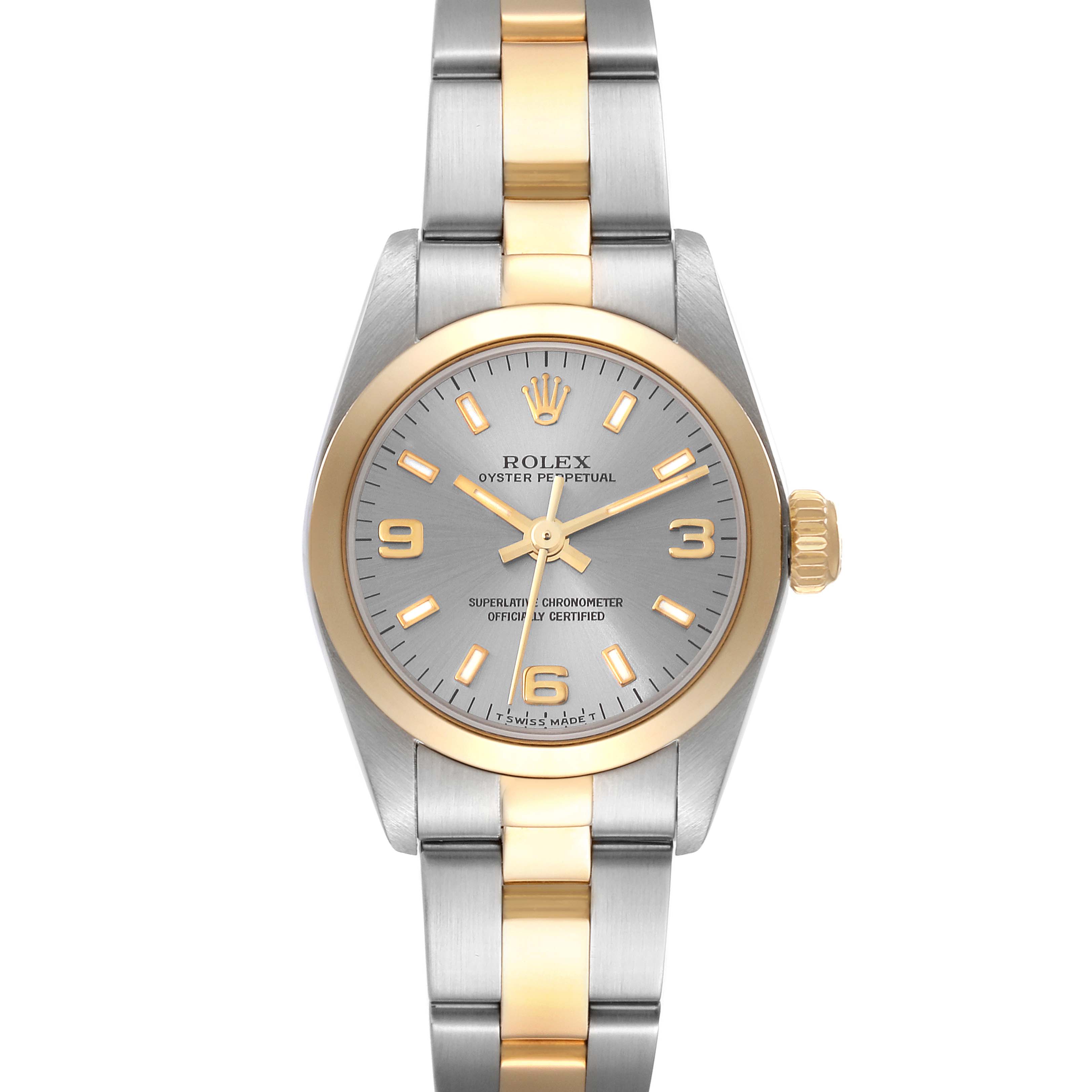This Rolex Oyster Perpetual 67183 Women's Steel and Gold (two tone) Grey Dial 67183 Women's Steel and Gold (two tone) Grey Dial watch is shown from the front, highlighting the face, bezel, and bracelet in two-tone metal.
