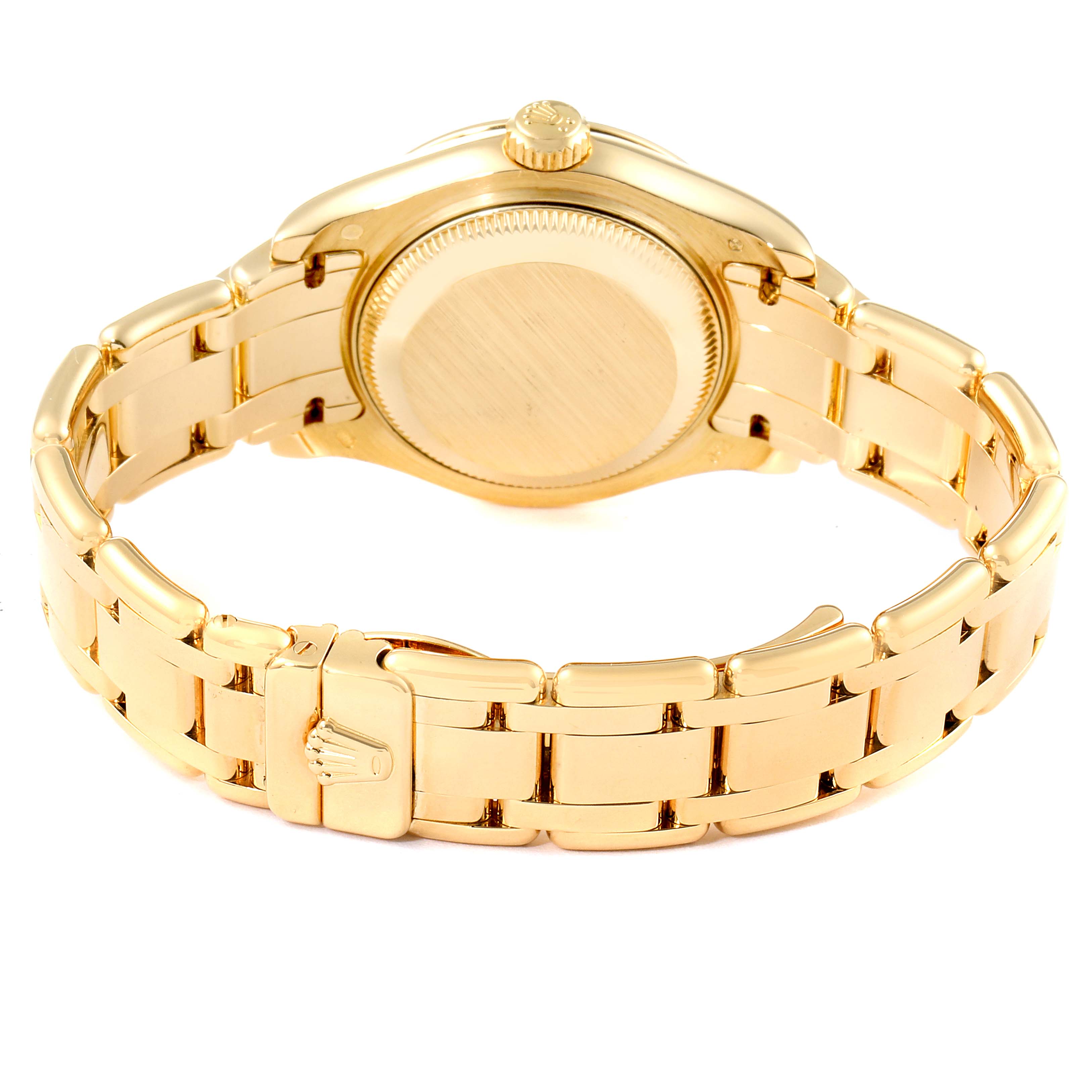 The image shows the back and bracelet of a Rolex Pearlmaster 80318 Women's Yellow Gold Mother of Pearl Dial 80318 Women's Yellow Gold Mother of Pearl Dial watch, focusing on the clasp and case back.