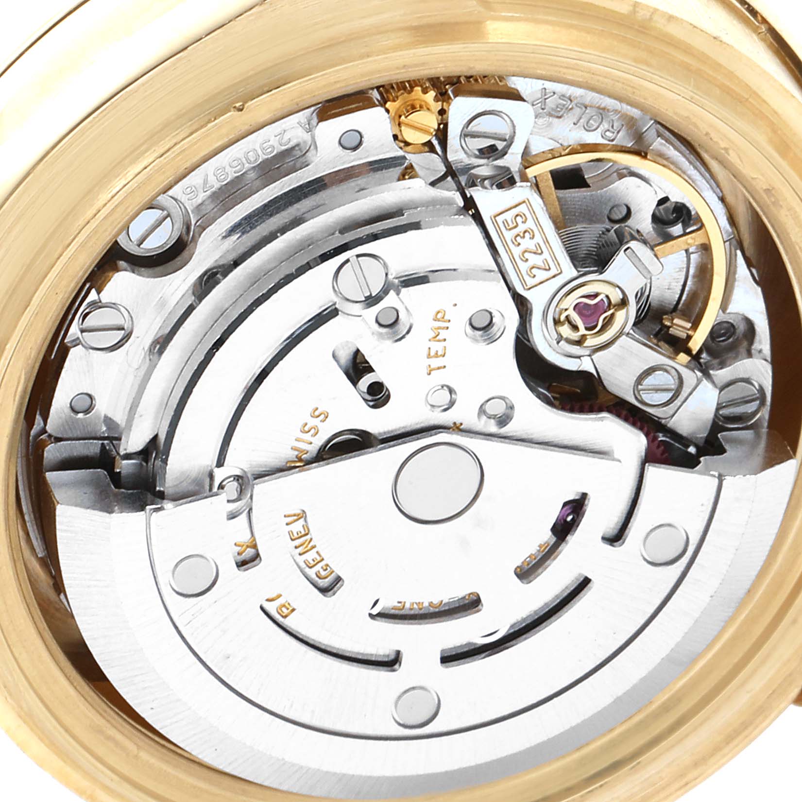 This image shows a close-up of the movement mechanism inside a Rolex Pearlmaster 80318 Women's Yellow Gold Mother of Pearl Dial 80318 Women's Yellow Gold Mother of Pearl Dial watch, viewed from the back.
