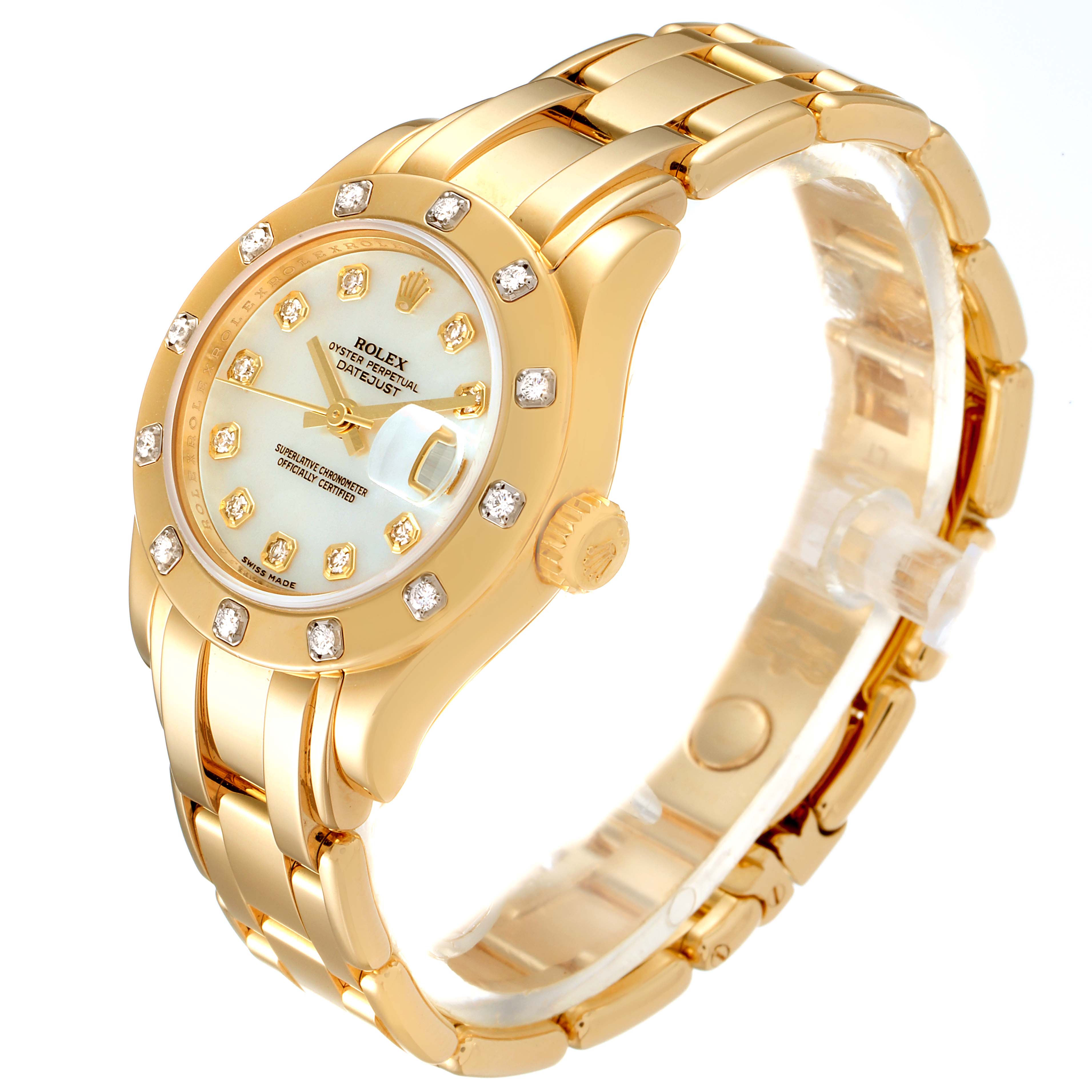 The image shows a Rolex Pearlmaster 80318 Women's Yellow Gold Mother of Pearl Dial 80318 Women's Yellow Gold Mother of Pearl Dial watch at a three-quarter angle, displaying its gold bracelet, bezel, and mother-of-pearl dial with diamond markers.