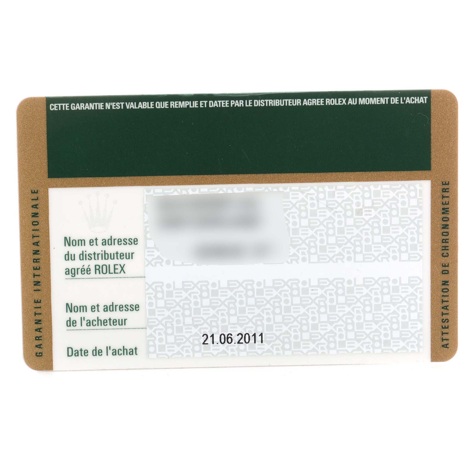 This image shows the warranty card for a Rolex Pearlmaster 80318 Women's Yellow Gold Mother of Pearl Dial 80318 Women's Yellow Gold Mother of Pearl Dial watch, displaying purchase date and authorized dealer information.