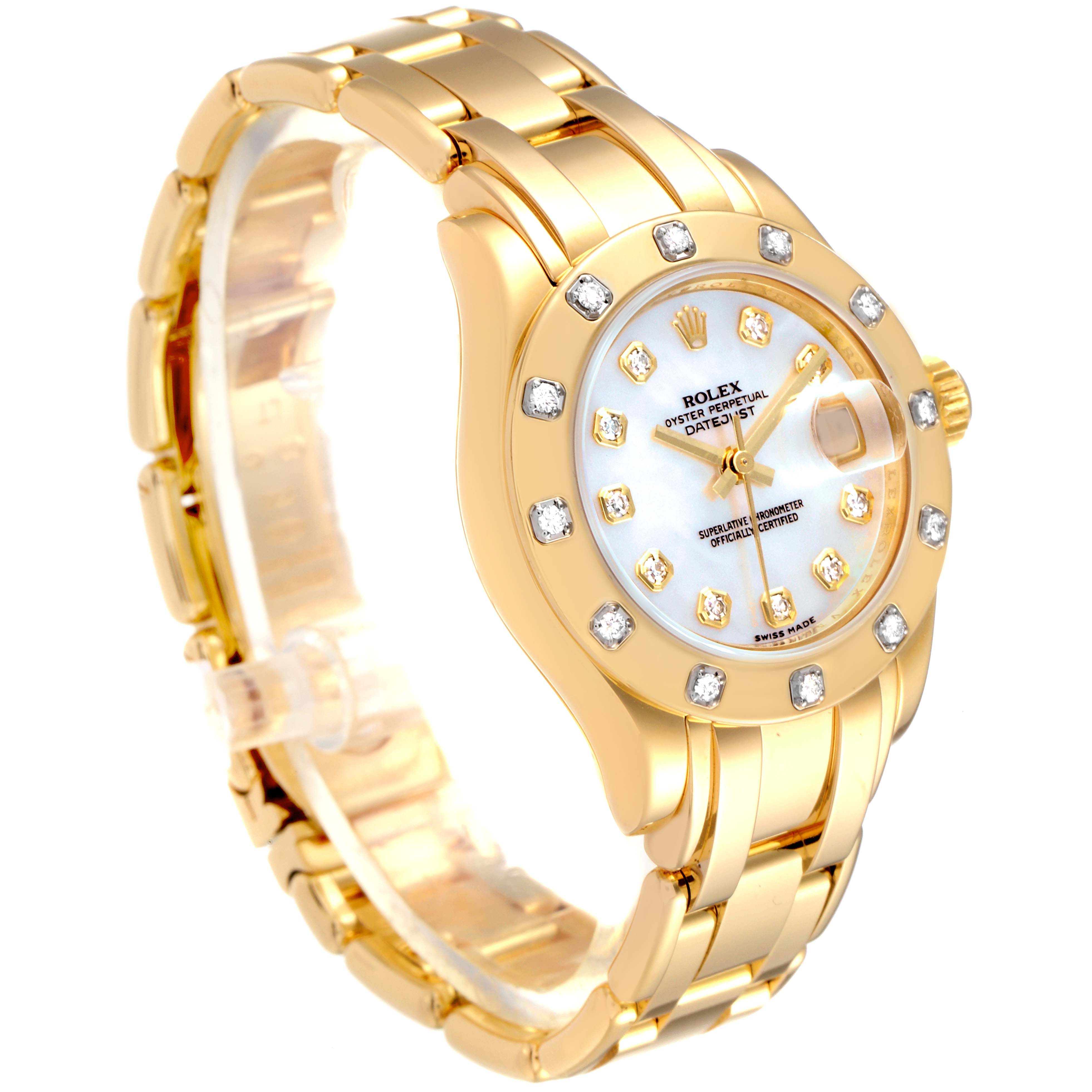 This image shows a Rolex Pearlmaster 80318 Women's Yellow Gold Mother of Pearl Dial 80318 Women's Yellow Gold Mother of Pearl Dial watch at an oblique angle, displaying the face, bezel, crown, and part of the bracelet.