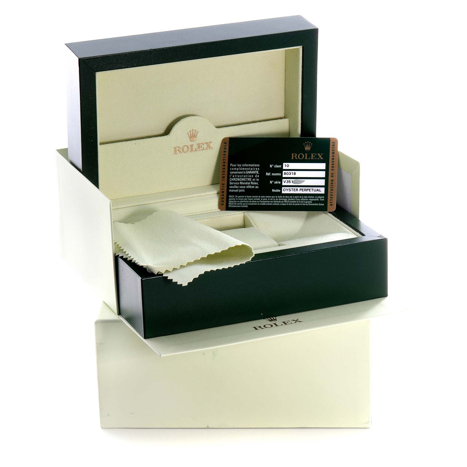 The image shows an open Rolex Pearlmaster 80318 Women's Yellow Gold Mother of Pearl Dial 80318 Women's Yellow Gold Mother of Pearl Dial watch box with a card and a cleaning cloth inside.