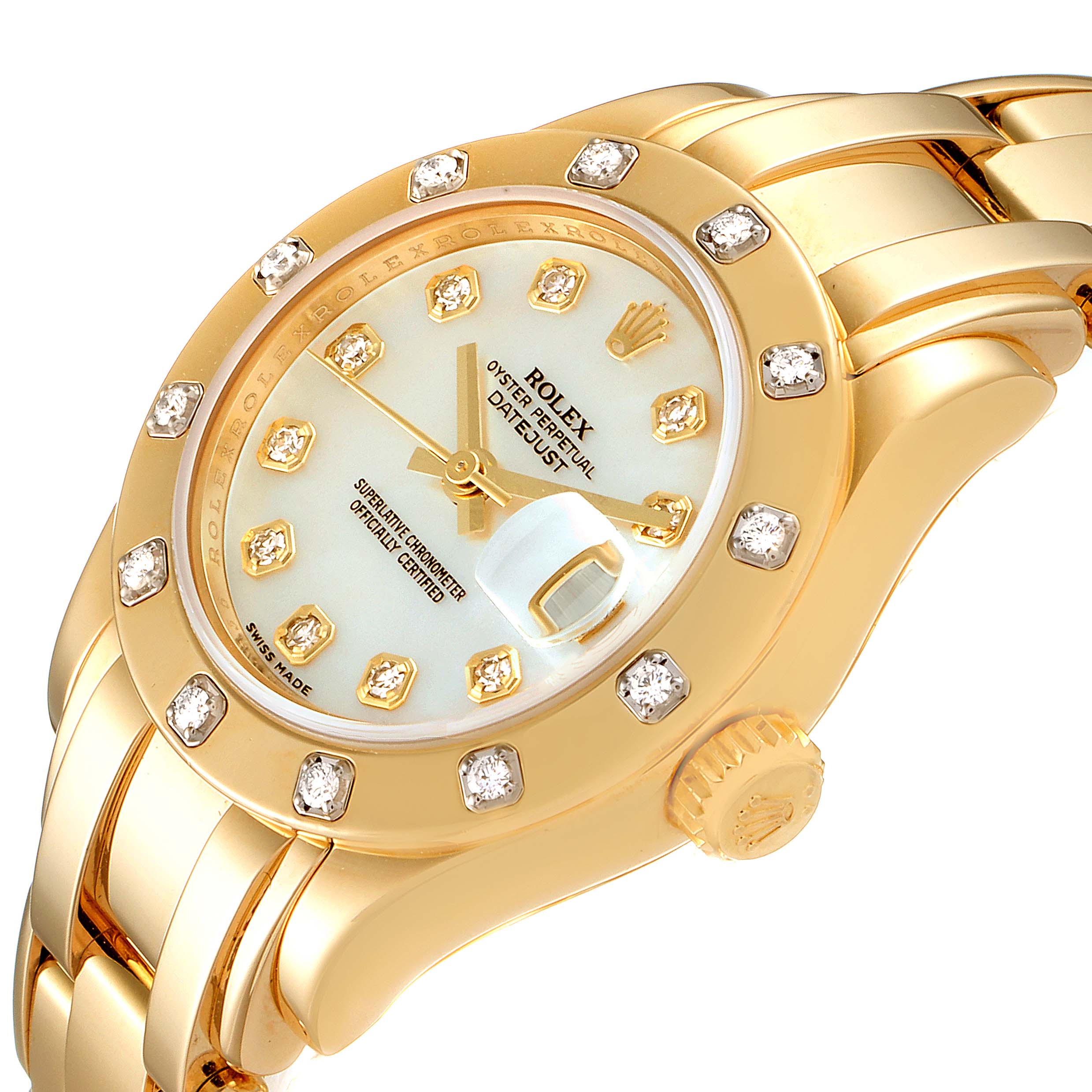 The Rolex Pearlmaster 80318 Women's Yellow Gold Mother of Pearl Dial 80318 Women's Yellow Gold Mother of Pearl Dial watch is shown at an angle highlighting the face, bezel, crown, and part of the bracelet.