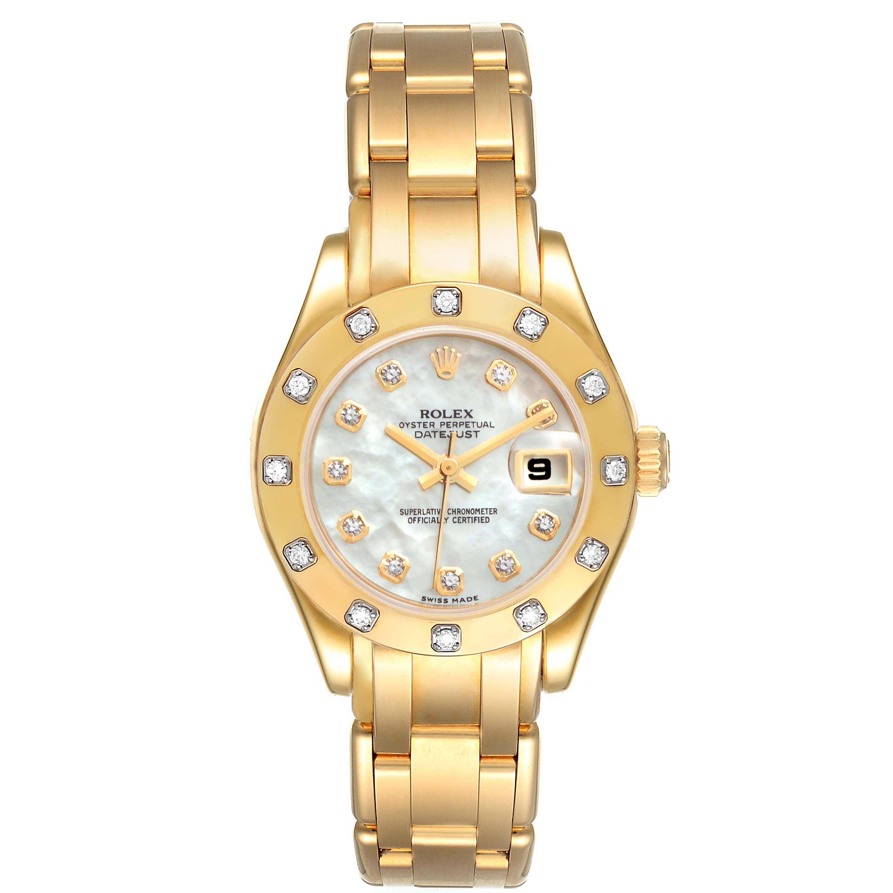 The image shows a front view of the Rolex Pearlmaster 80318 Women's Yellow Gold Mother of Pearl Dial 80318 Women's Yellow Gold Mother of Pearl Dial watch, highlighting its gold body, bracelet, and diamond accents.