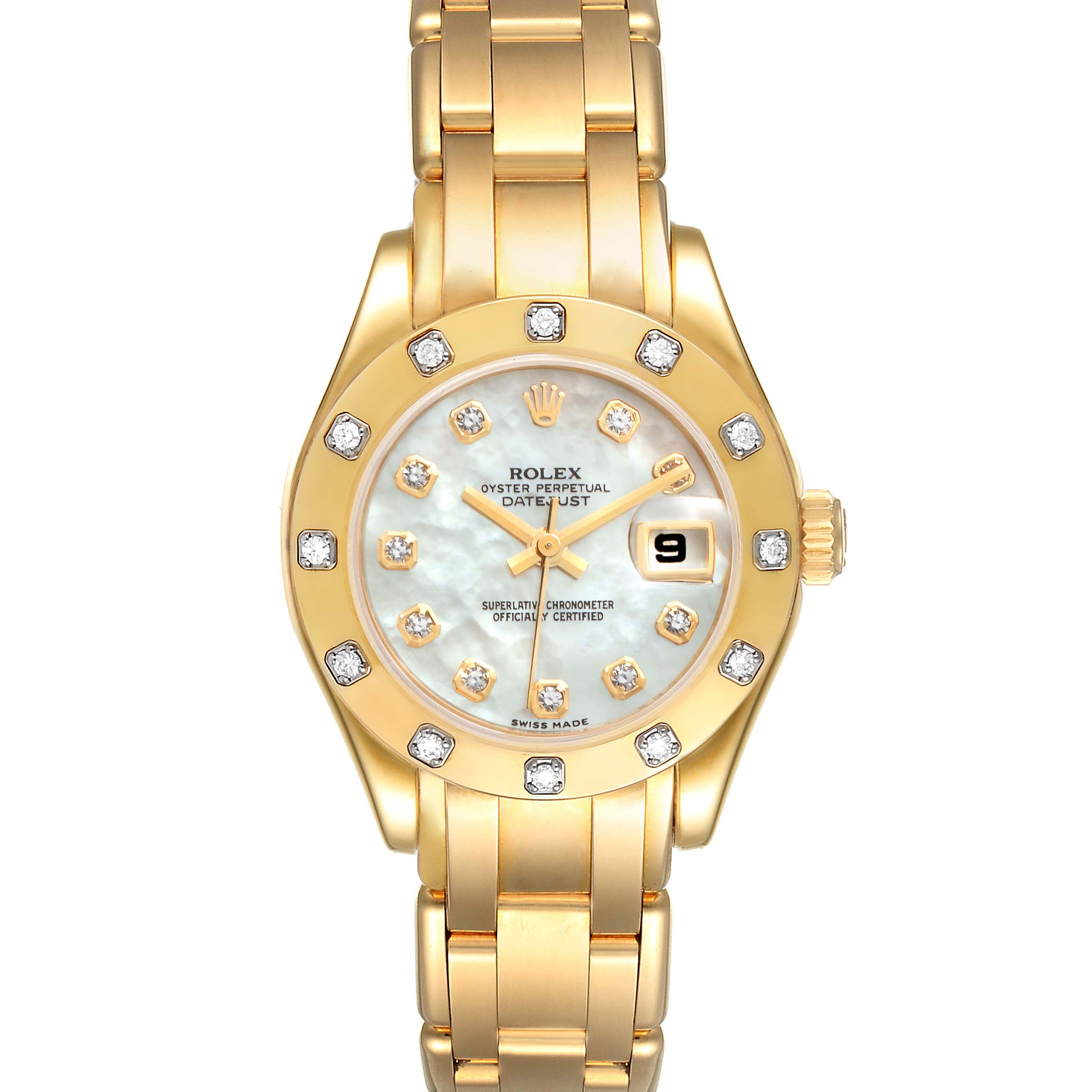The Rolex Pearlmaster 80318 Women's Yellow Gold Mother of Pearl Dial 80318 Women's Yellow Gold Mother of Pearl Dial watch is shown from a front angle, displaying its dial, bezel, crown, and bracelet.