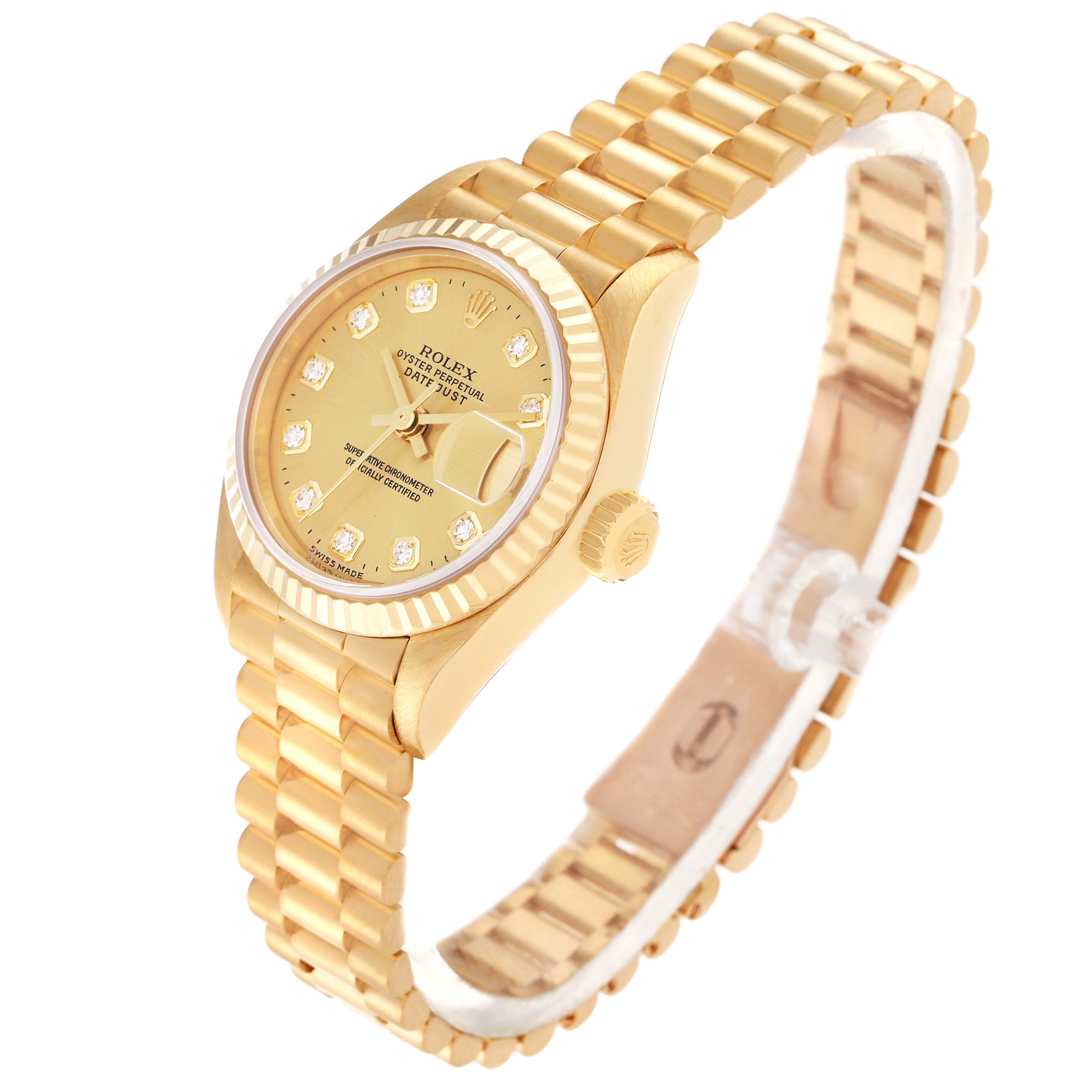 This Rolex President 79178 Women's Yellow Gold Champagne Dial 79178 Women's Yellow Gold Champagne Dial model watch is shown at an angle displaying the face, bezel, crown, and bracelet.