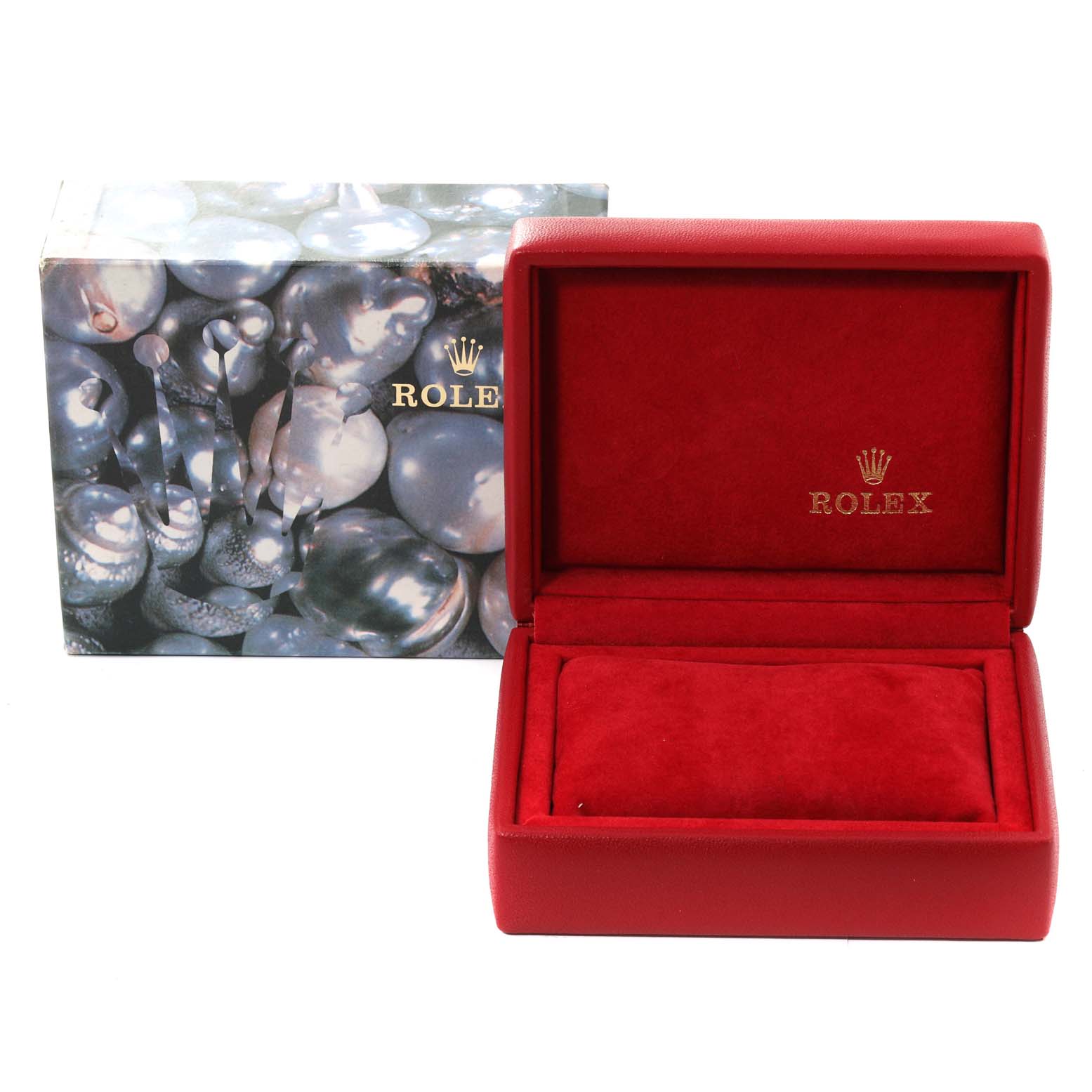 This image shows a Rolex President 79178 Women's Yellow Gold Champagne Dial 79178 Women's Yellow Gold Champagne Dial model box and presentation case, with the case open to display the red velvet interior.