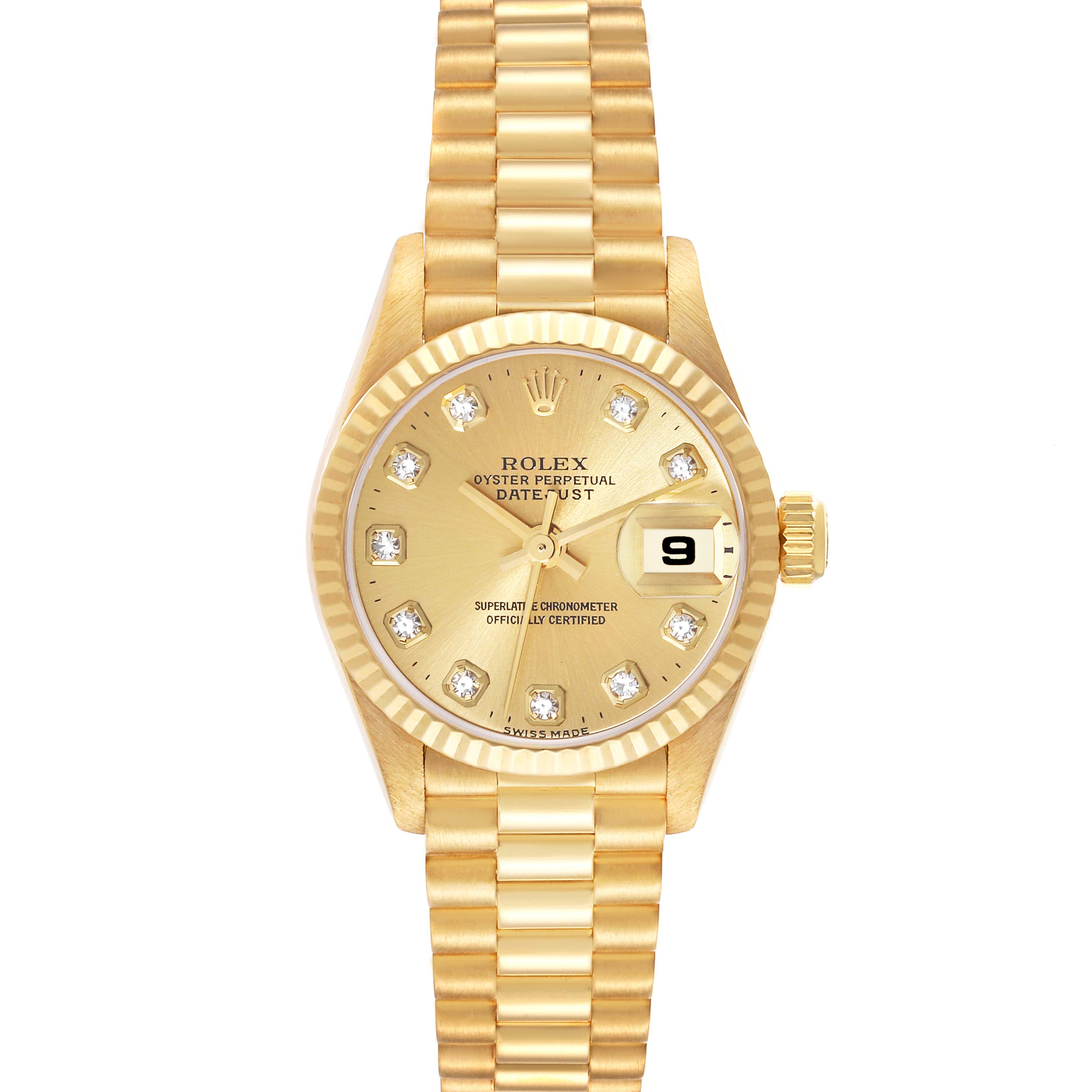 The image shows a front view of a Rolex President 79178 Women's Yellow Gold Champagne Dial 79178 Women's Yellow Gold Champagne Dial model watch, highlighting its gold bracelet, diamond hour markers, and date window.