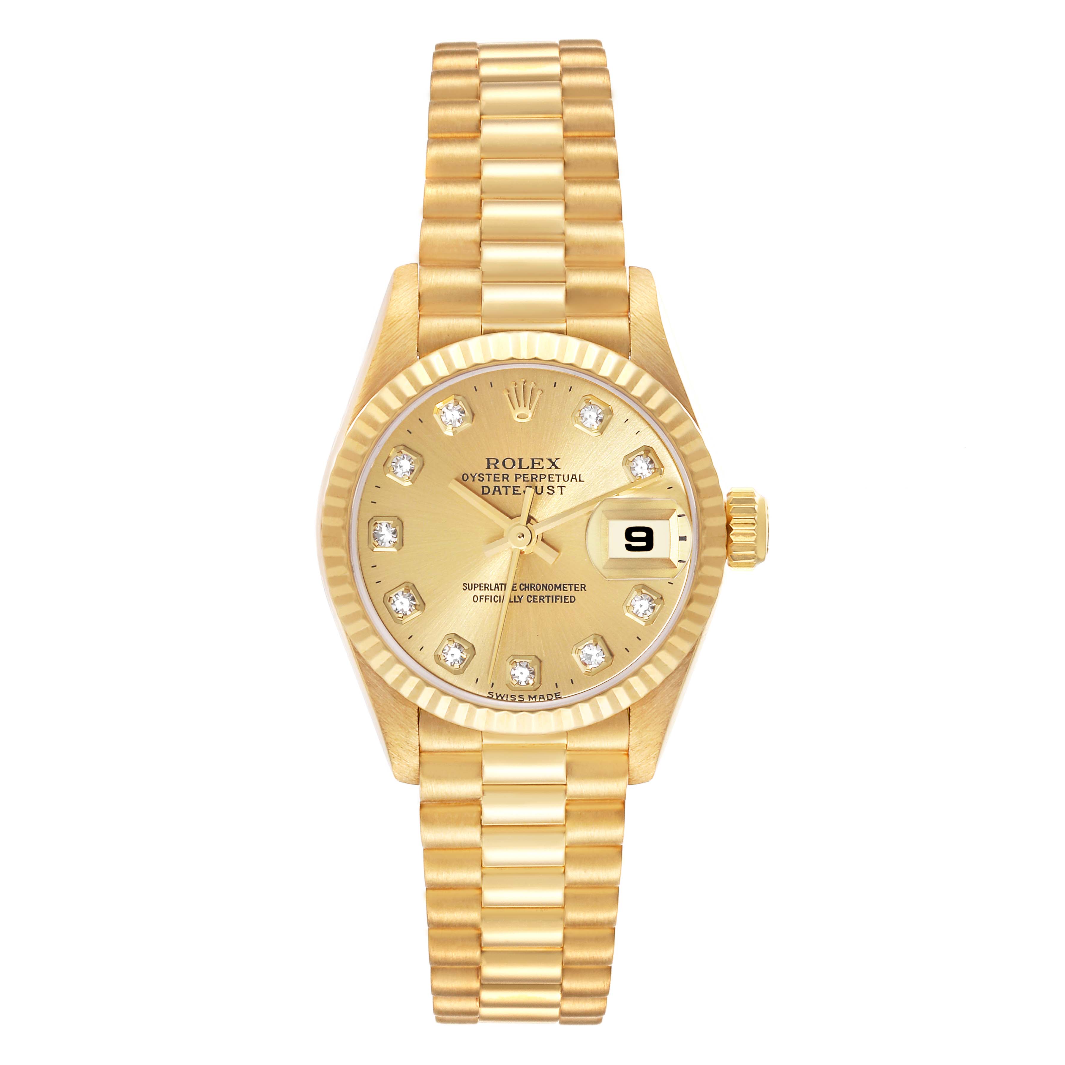 The image shows a front view of a gold Rolex President 79178 Women's Yellow Gold Champagne Dial 79178 Women's Yellow Gold Champagne Dial model watch, displaying its bracelet, dial, and date window.
