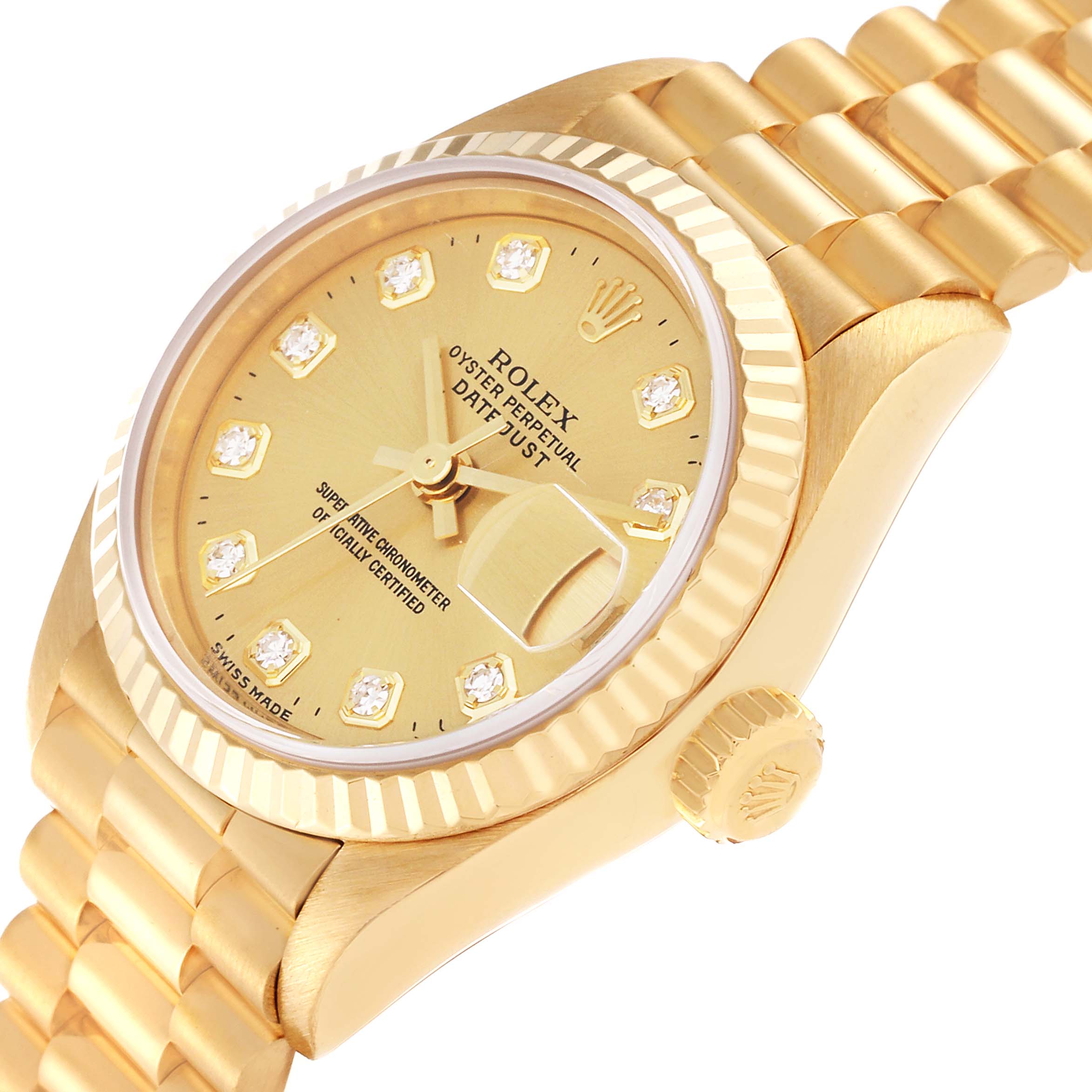 The image shows a close-up angle of a Rolex President 79178 Women's Yellow Gold Champagne Dial 79178 Women's Yellow Gold Champagne Dial model watch, highlighting the dial, crown, bezel, and part of the bracelet.