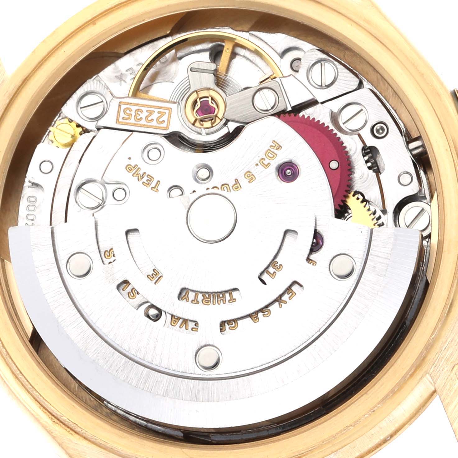 The image shows the internal mechanism of a Rolex President 79178 Women's Yellow Gold Champagne Dial 79178 Women's Yellow Gold Champagne Dial model watch with a focus on the movement components.