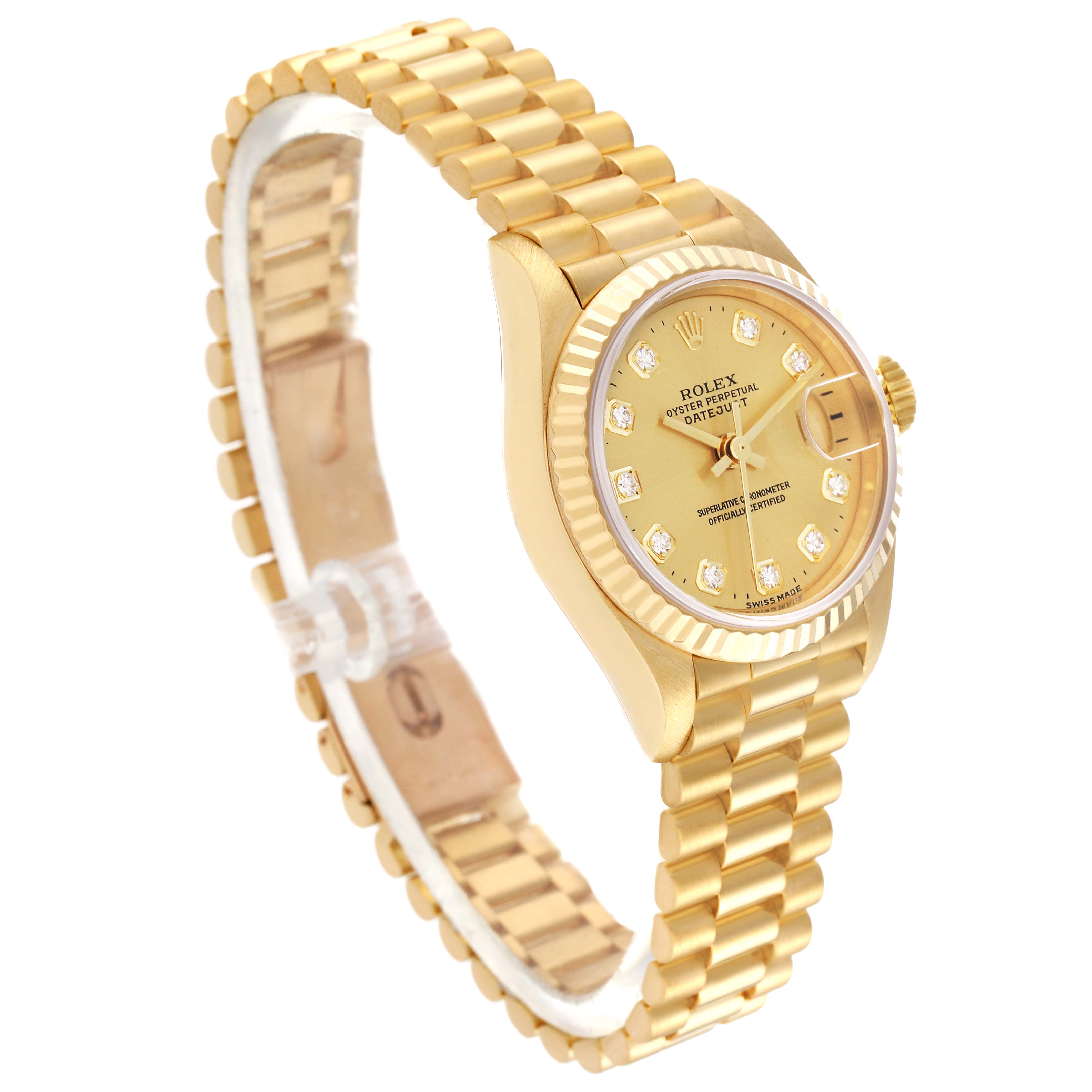 The Rolex President 79178 Women's Yellow Gold Champagne Dial 79178 Women's Yellow Gold Champagne Dial model watch is shown at an angled view, showcasing its gold bracelet, dial, and fluted bezel.
