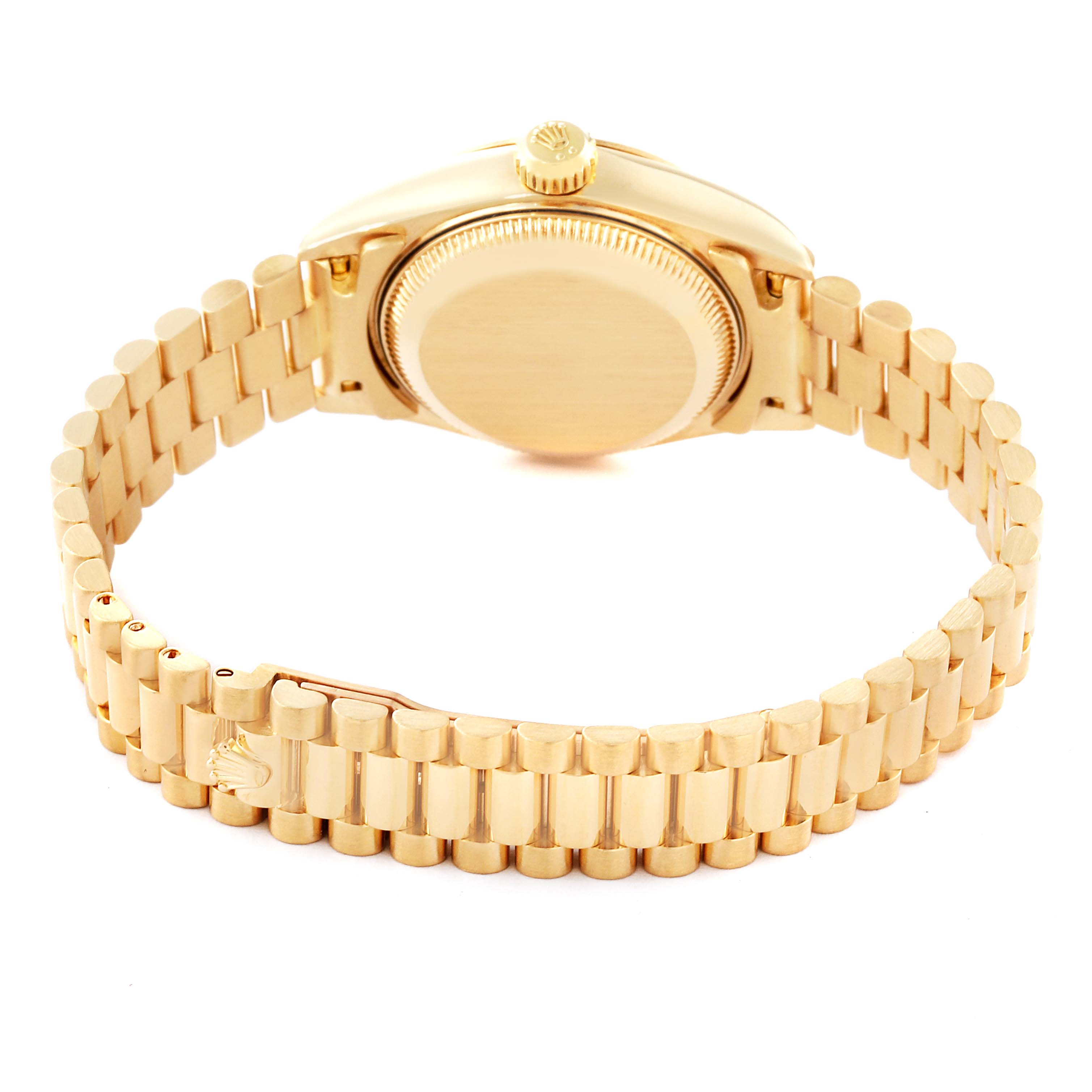 This image shows the back view of the Rolex President 79178 Women's Yellow Gold Champagne Dial 79178 Women's Yellow Gold Champagne Dial watch, highlighting the gold case and bracelet.
