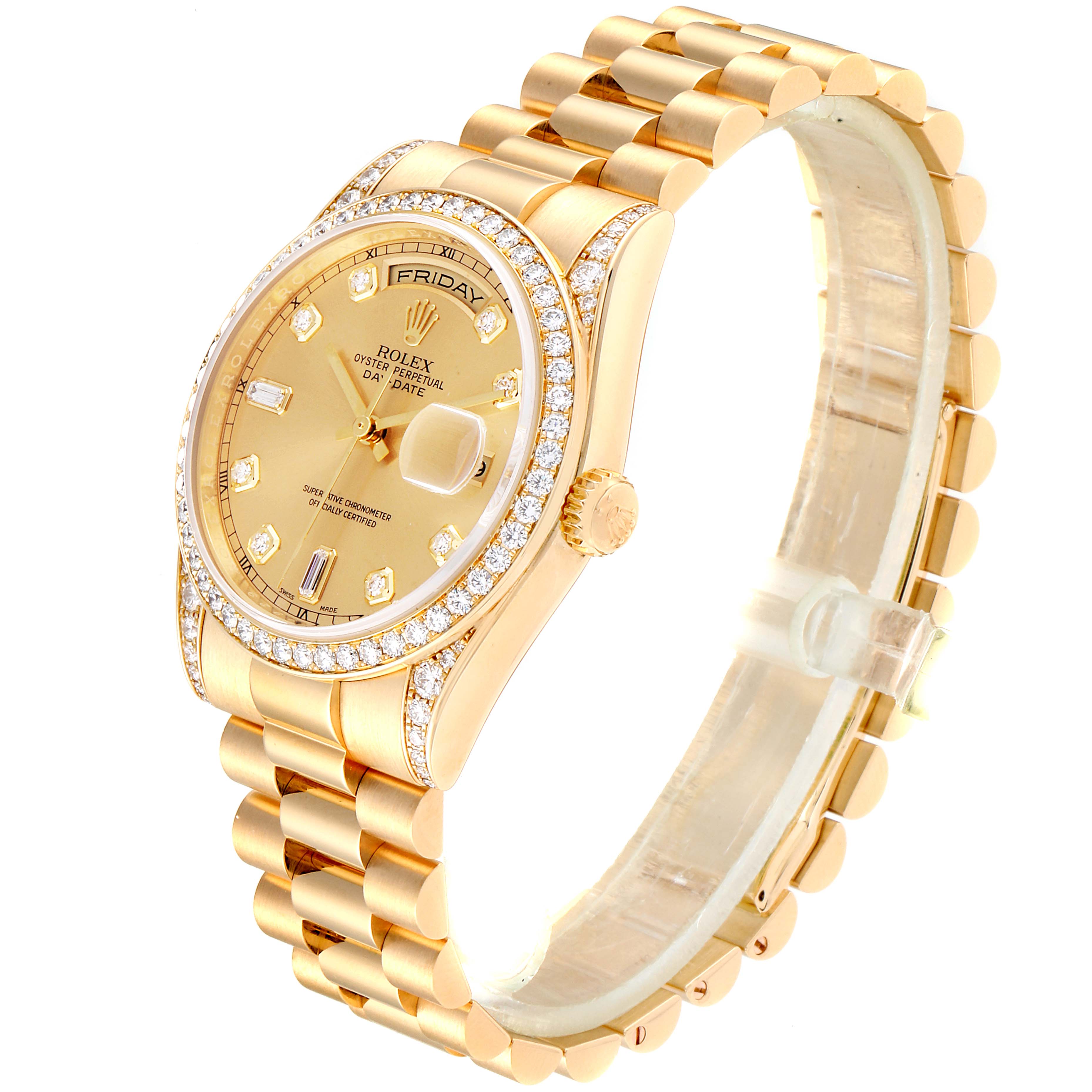 The image shows a side and frontal view of the Rolex President 118388 Men
s Yellow Gold Champagne Dial 118388 Men
s Yellow Gold Champagne Dial model watch, featuring a golden bezel, bracelet, and diamond-studded dial.