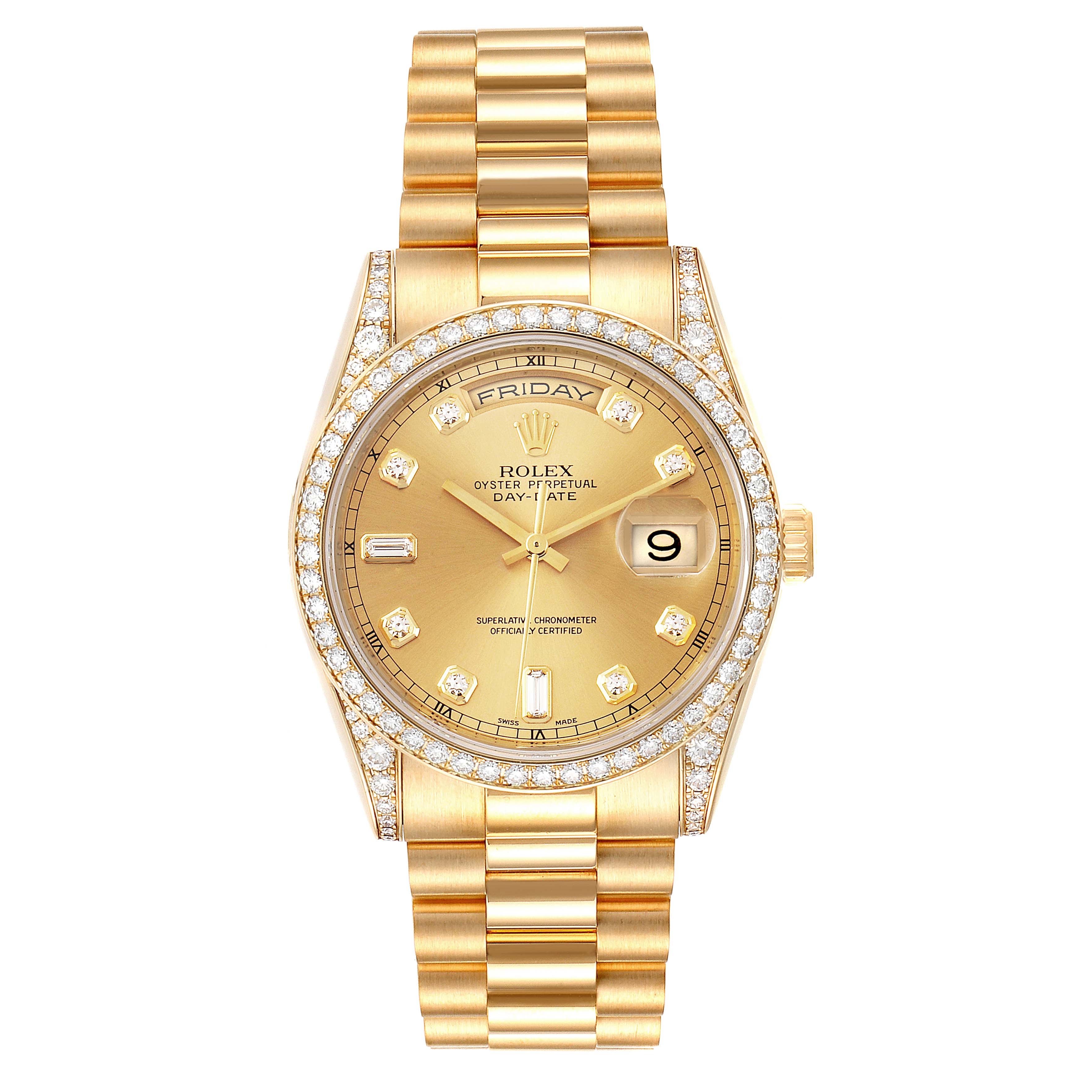 This image shows a front view of the Rolex President 118388 Men
s Yellow Gold Champagne Dial 118388 Men
s Yellow Gold Champagne Dial model watch, highlighting its gold bracelet, dial, bezel, and diamond accents.